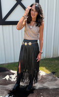 Faux Leather Tiered Fringe Maxi Skirt