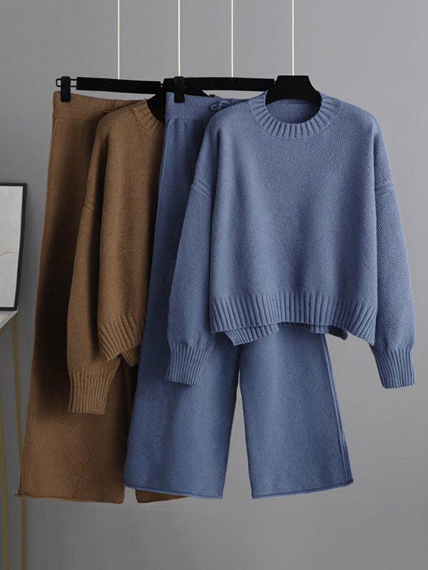 Stylish Loose High-Low Long Sleeve Sweater + Wide Leg Pants