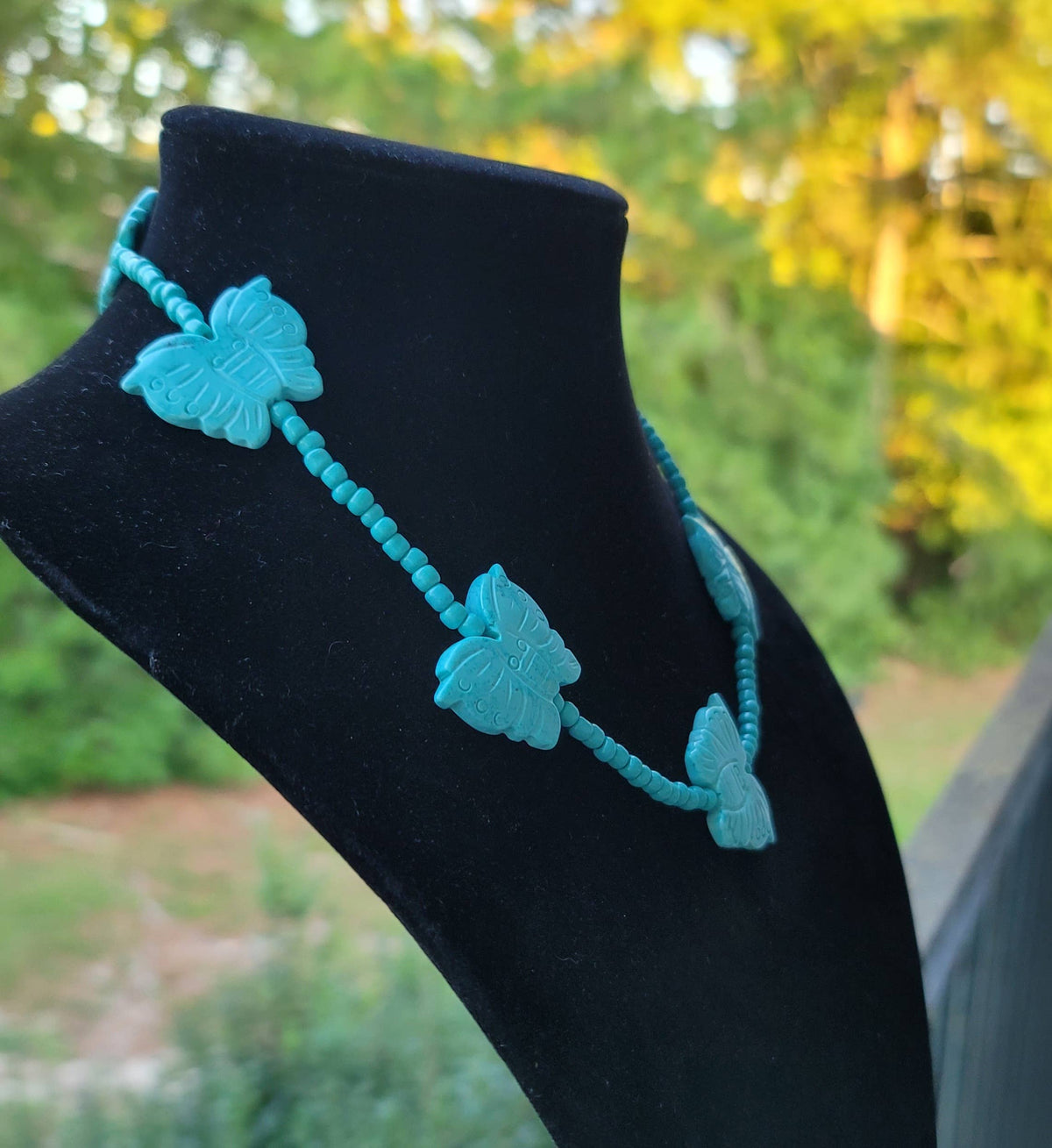 Handcarved Turquoise Howlite butterflies, glass beads