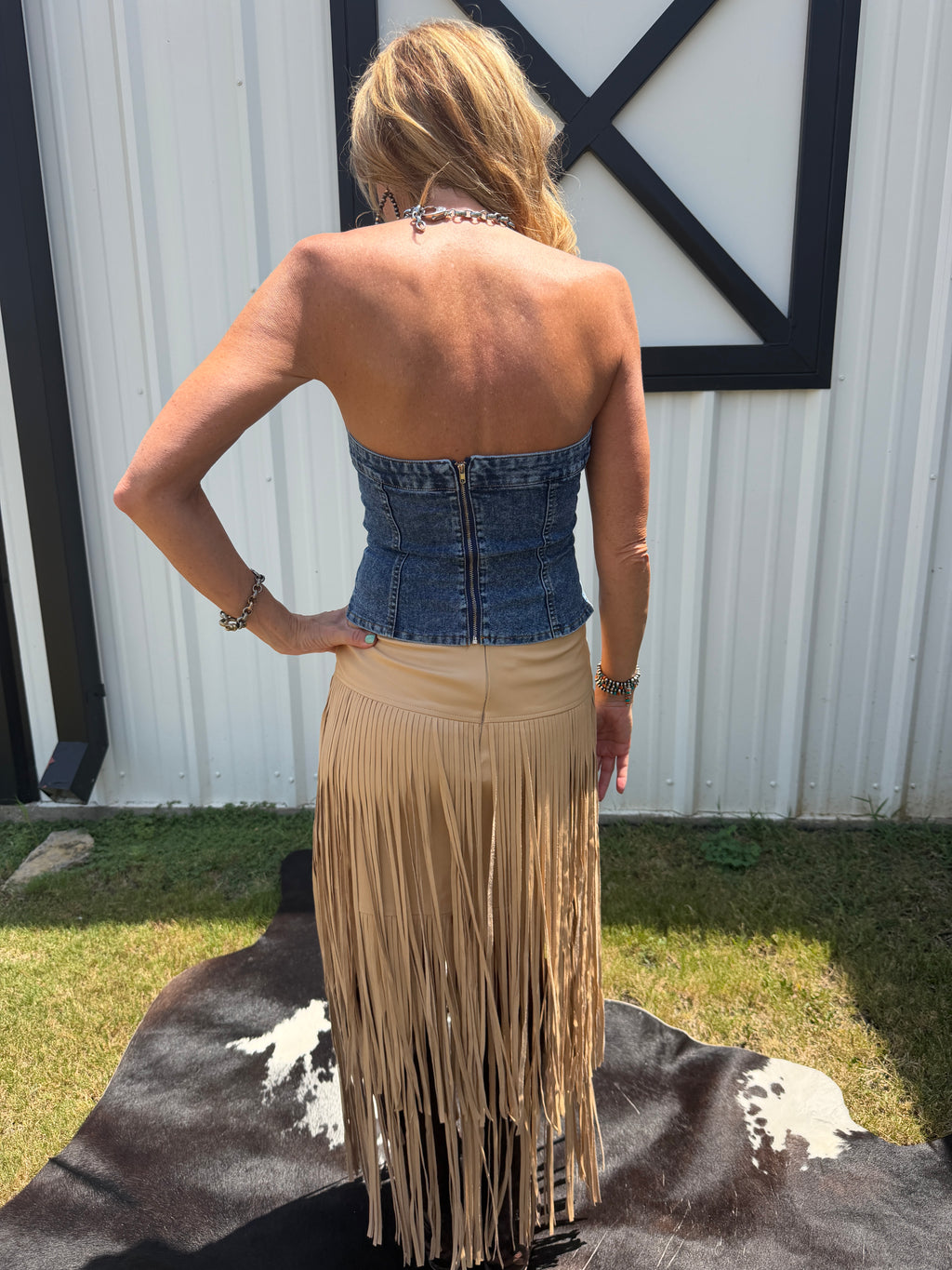 Faux Leather Tiered Fringe Maxi Skirt