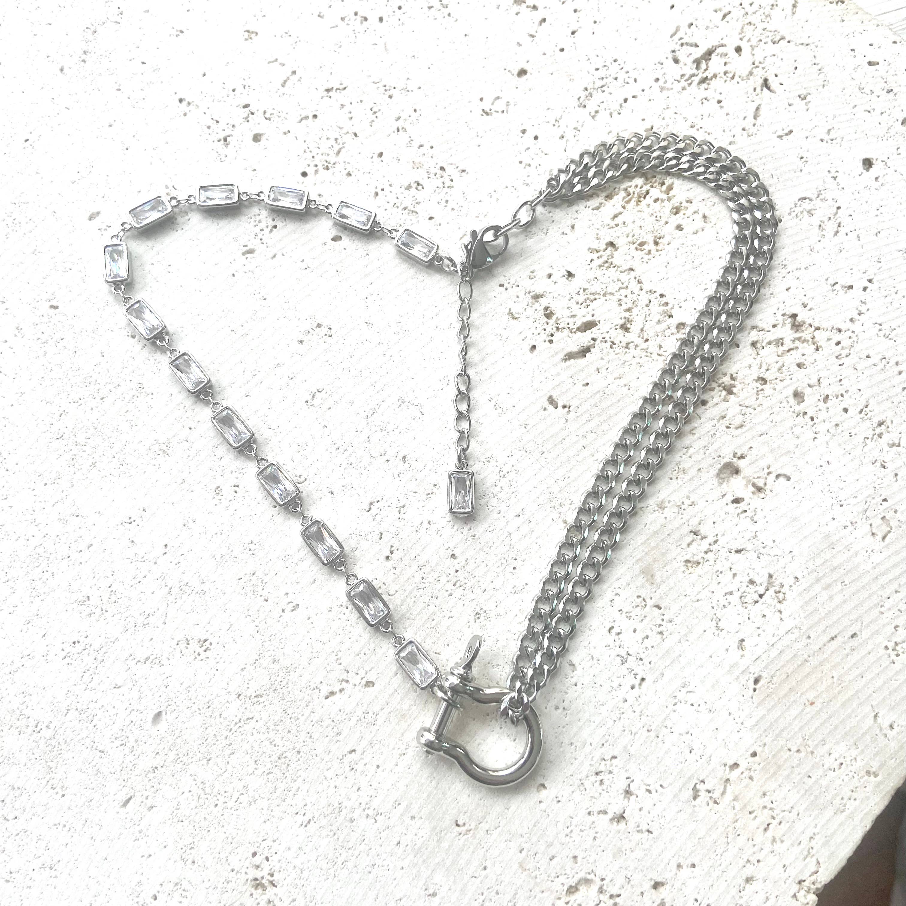 Edgy glam carabiner shackle necklace silver stainless steel