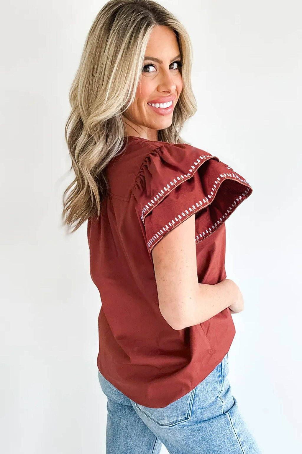 Clay Contrast Trim Flutter Sleeve V Neck Blouse
