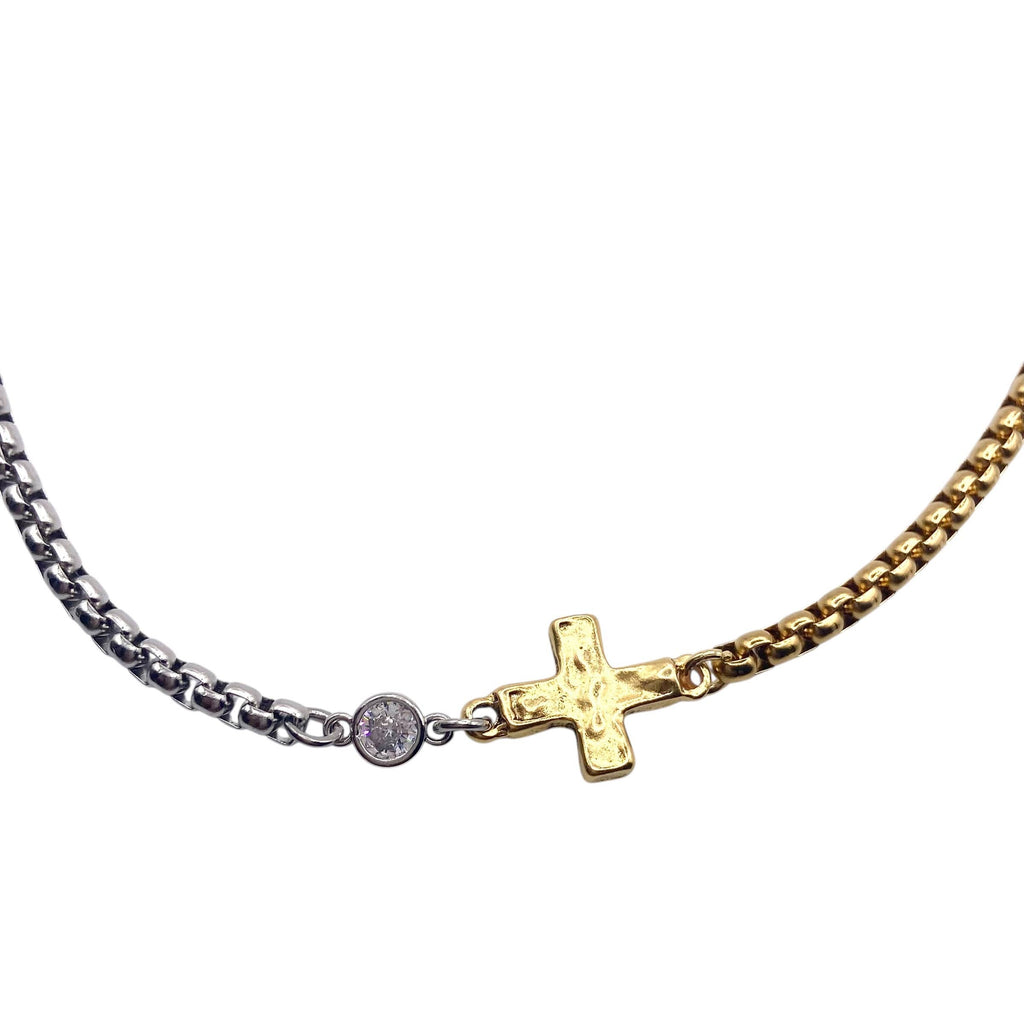 Two toned mixed metal hammered cross necklace 