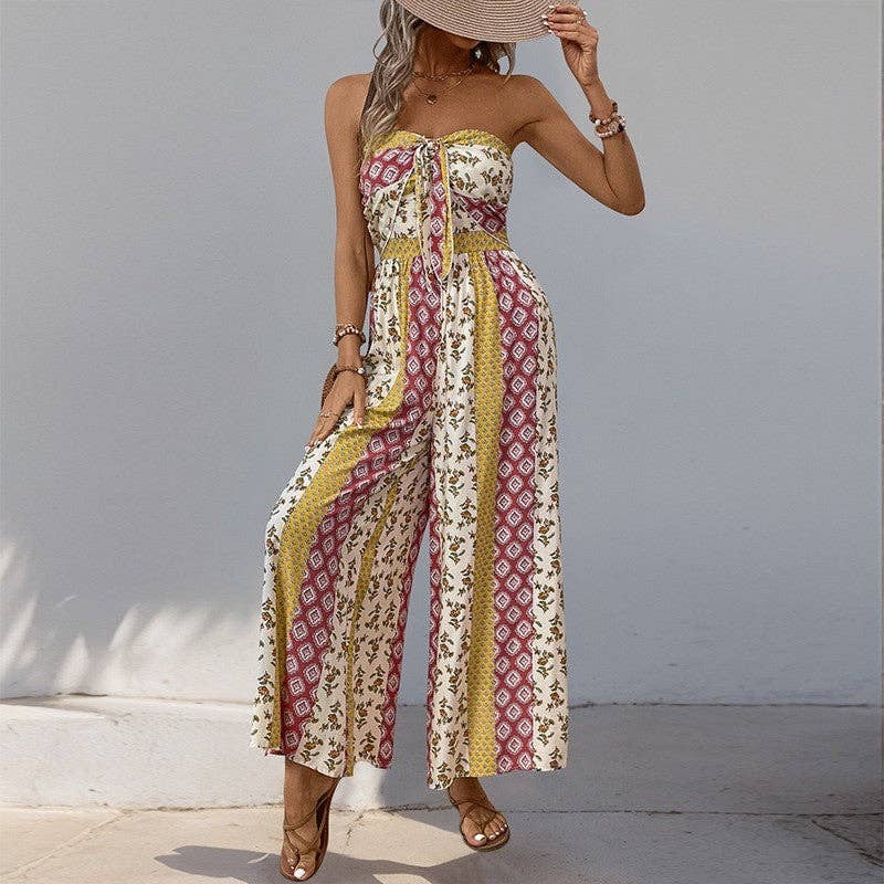 High-Waisted Belted Floral Print Jumpsuit Wide Leg Pants