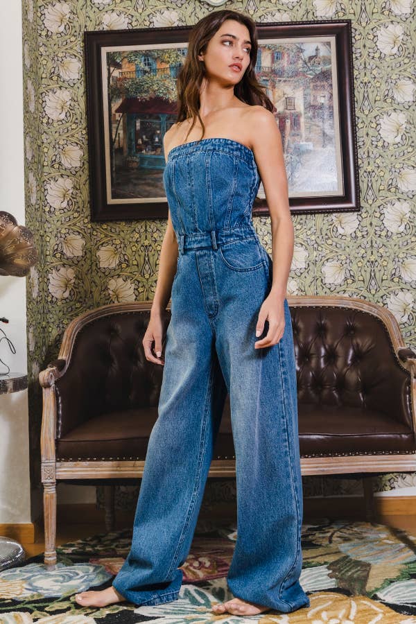 IR5267 Corset Style Strapless Denim Jumpsuit