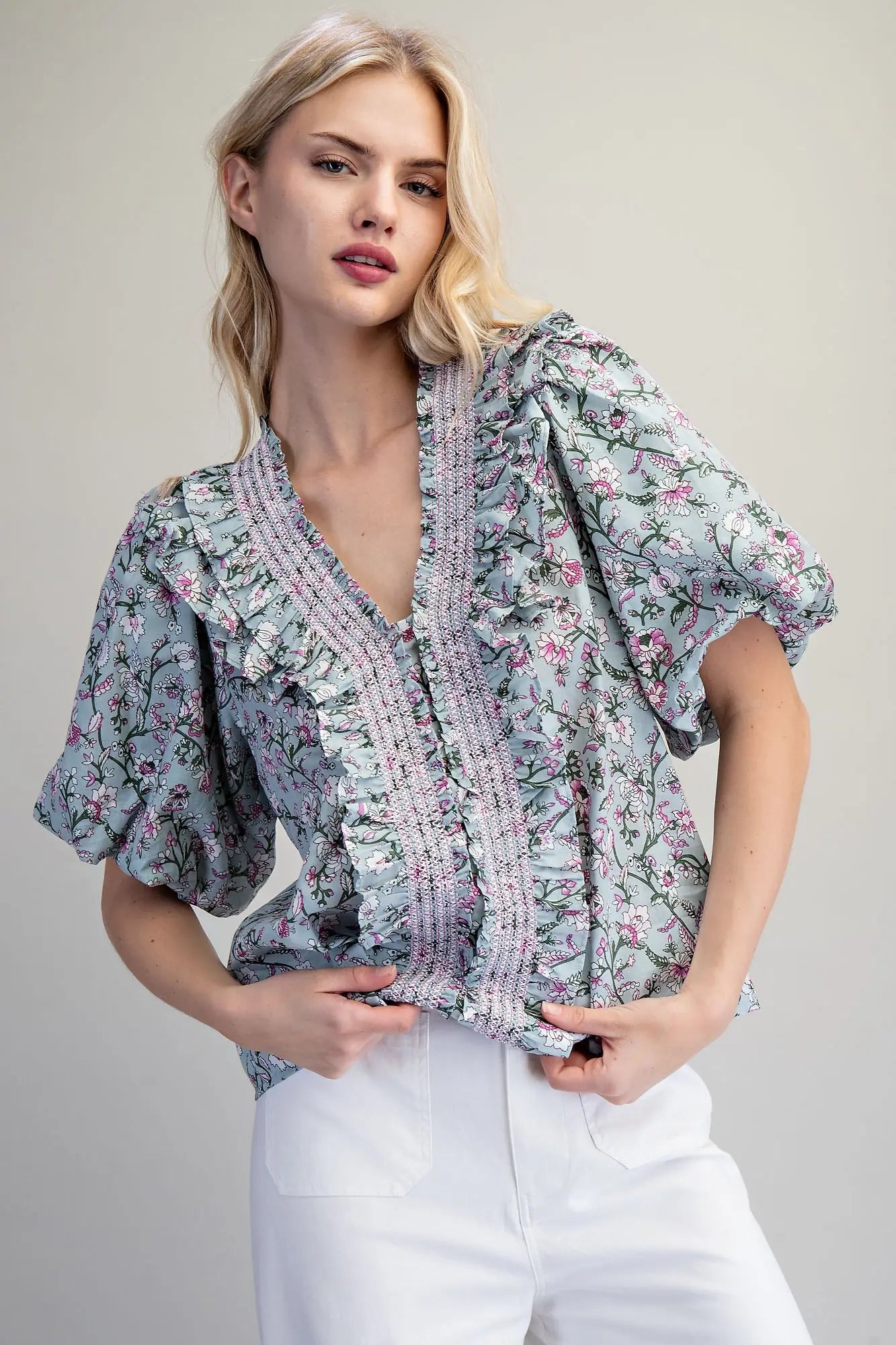 Sage Bloom Ruffle Blouse