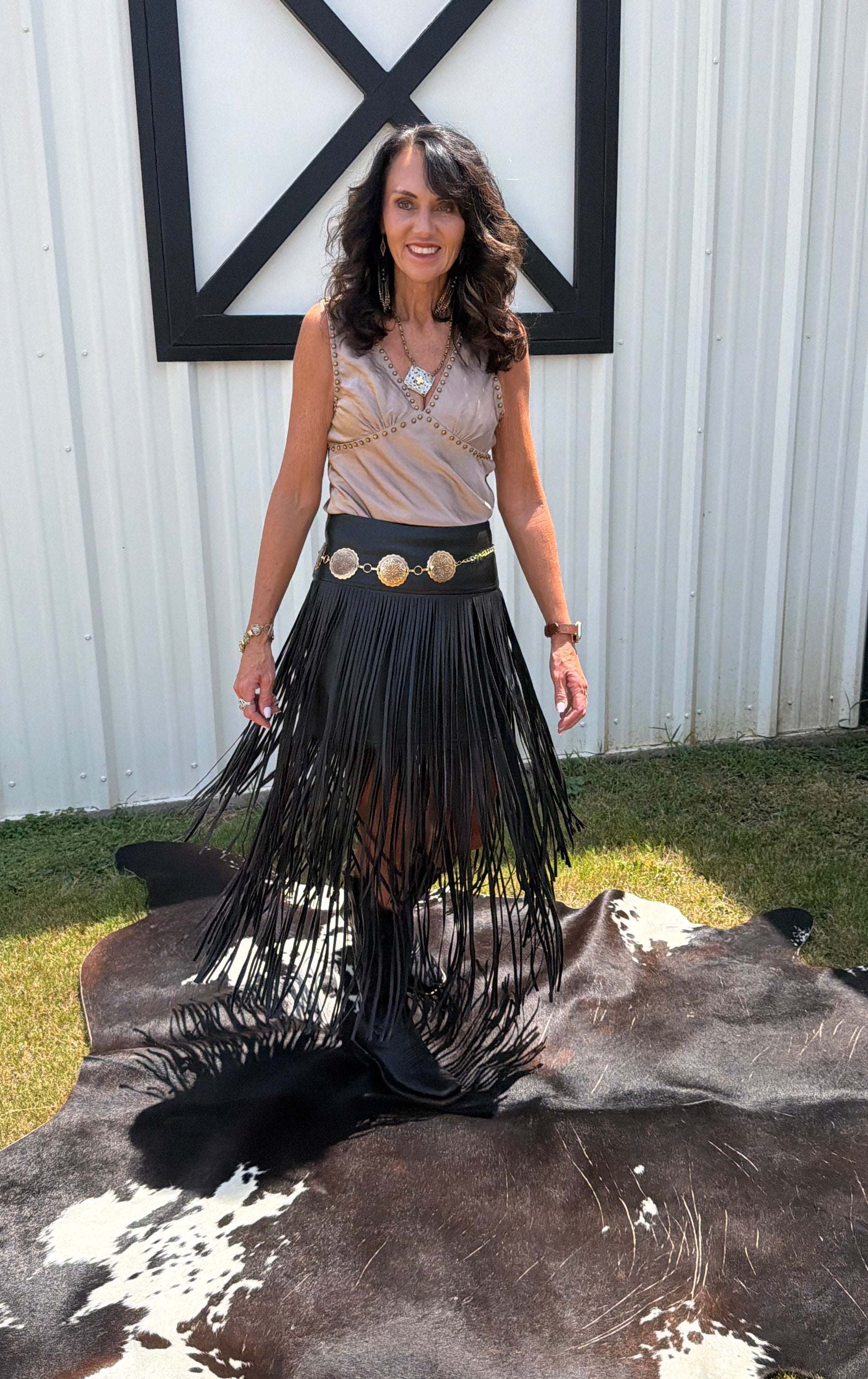 Faux Leather Tiered Fringe Maxi Skirt