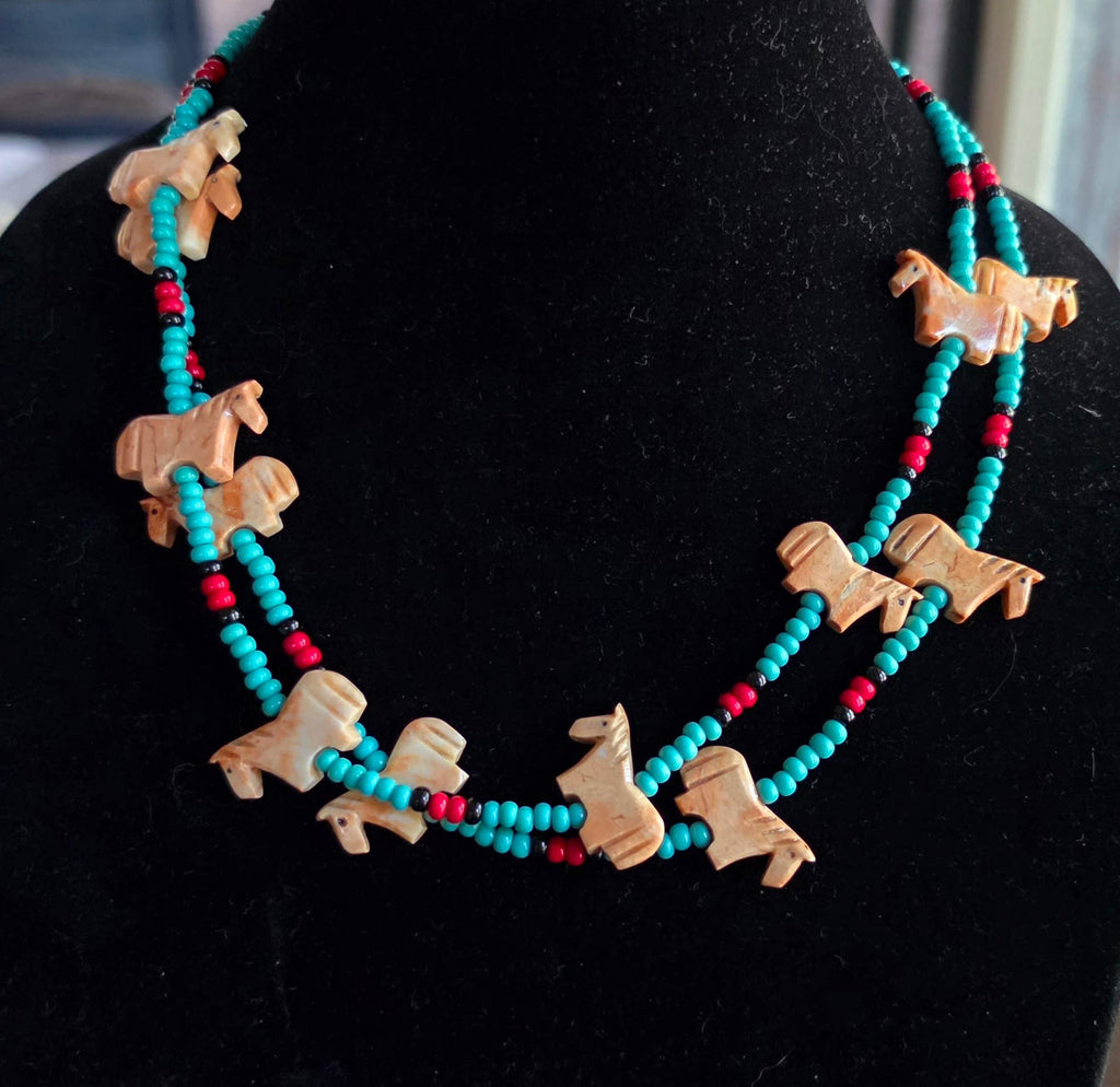 Zuni carved stone horse fetish necklace, Czech glass beads