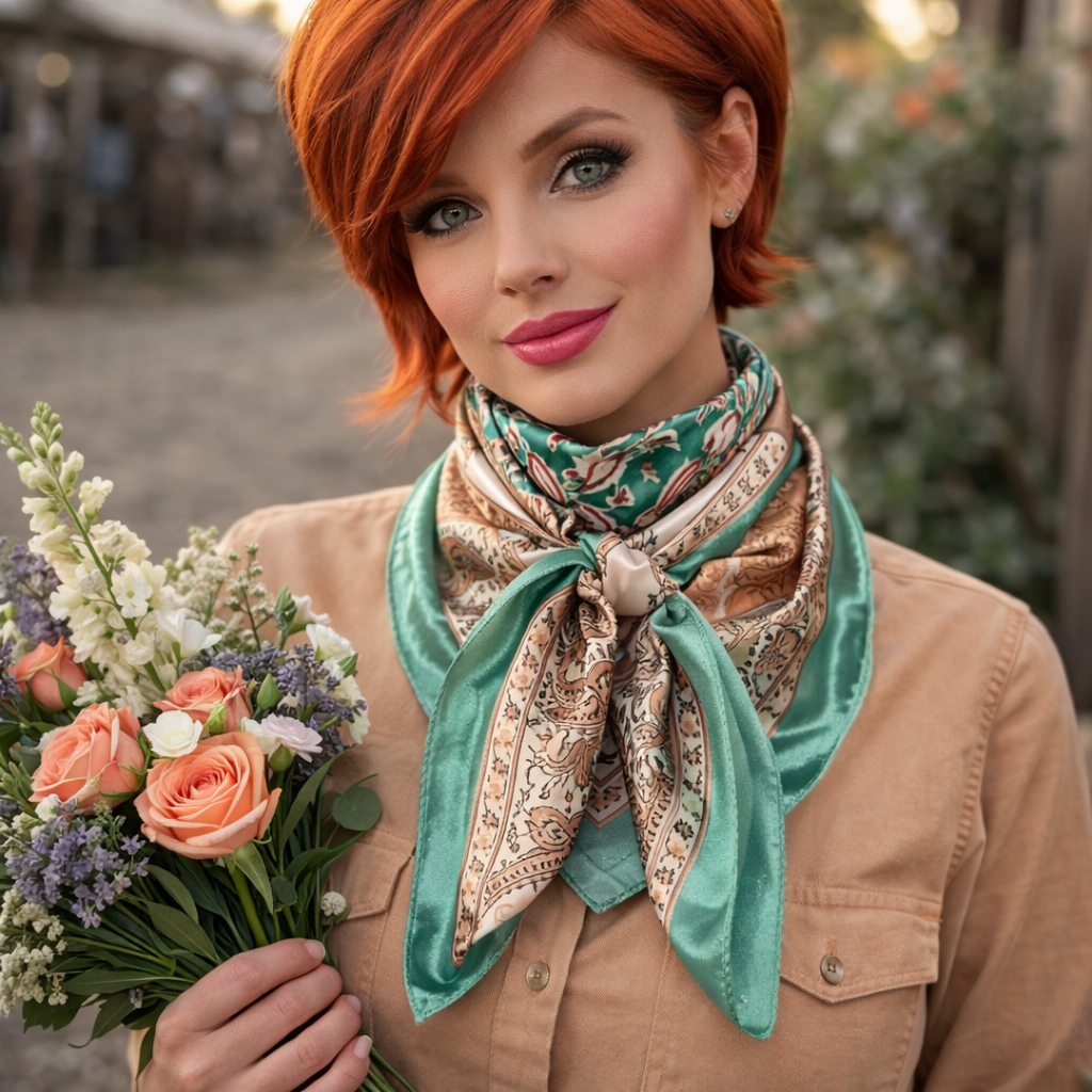 35X35" Teal, Brown and Tan Floral Wild Rag