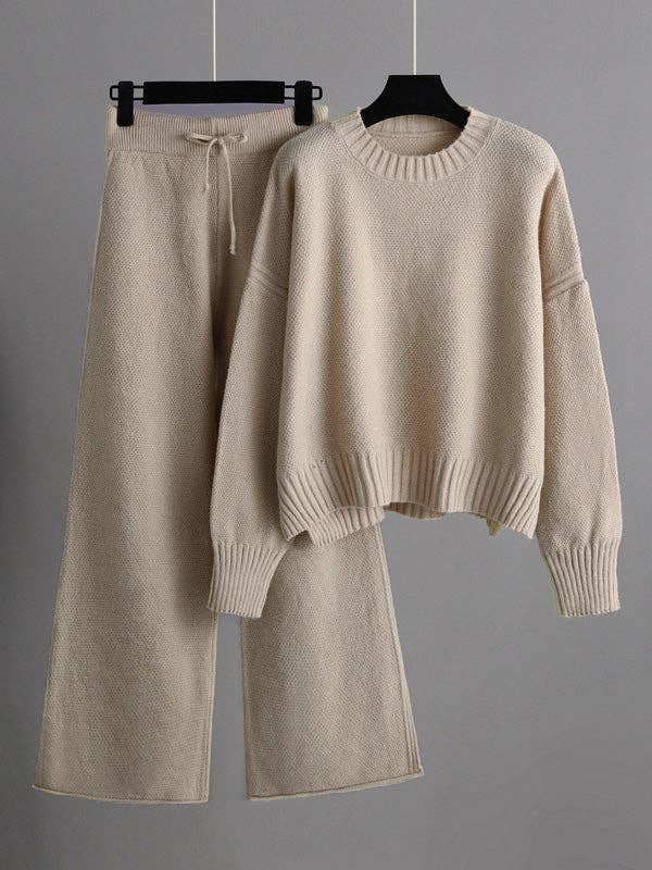 Stylish Loose High-Low Long Sleeve Sweater + Wide Leg Pants