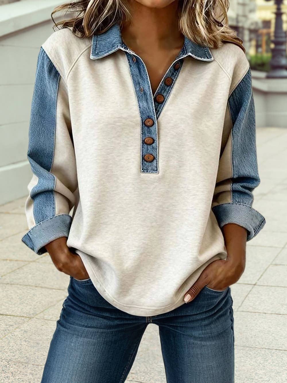 Denim Patchwork Buttoned Polo Collar Long Sleeve Top