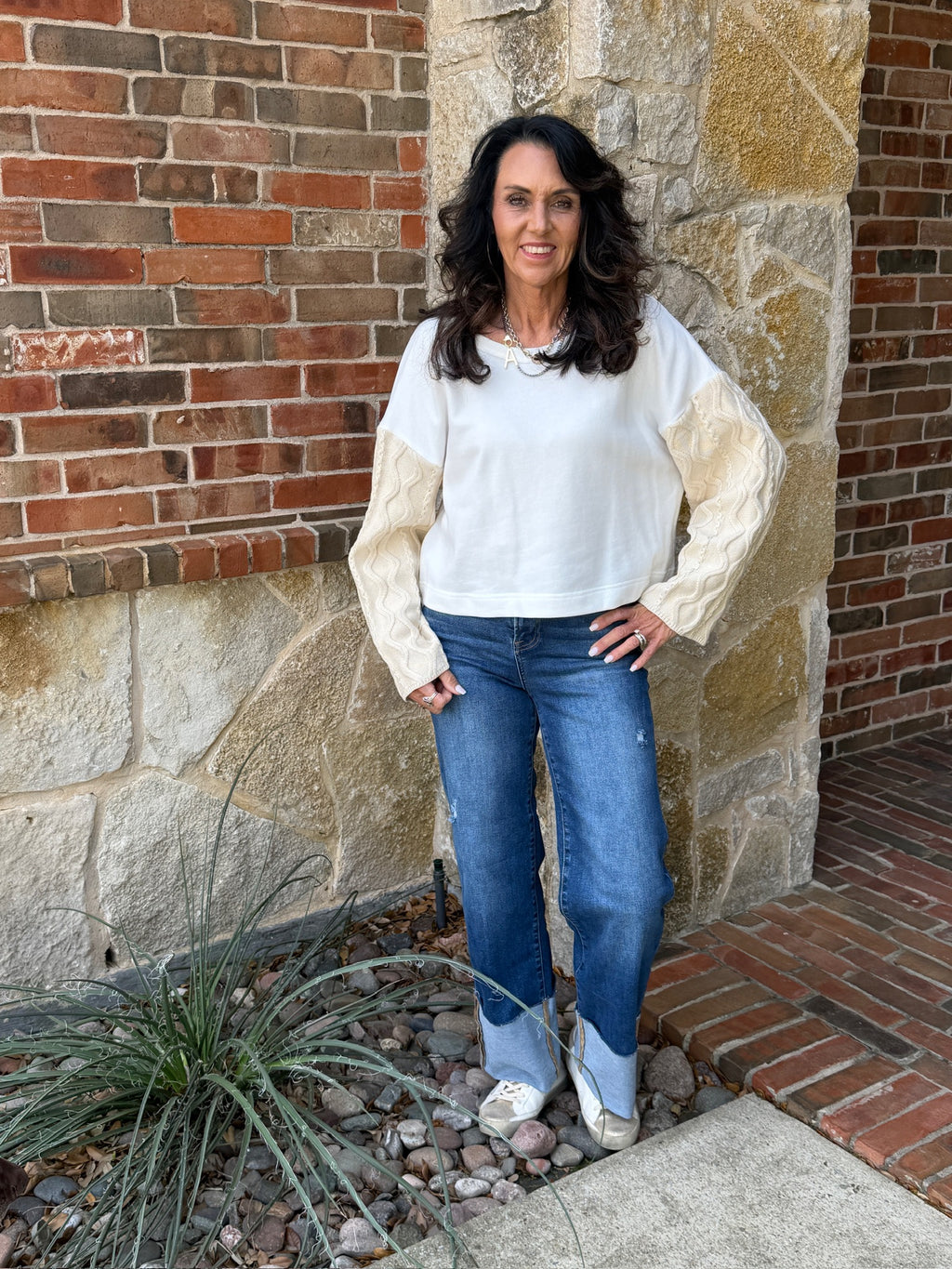 Cableknit Sleeve Pullover Sweatshirt