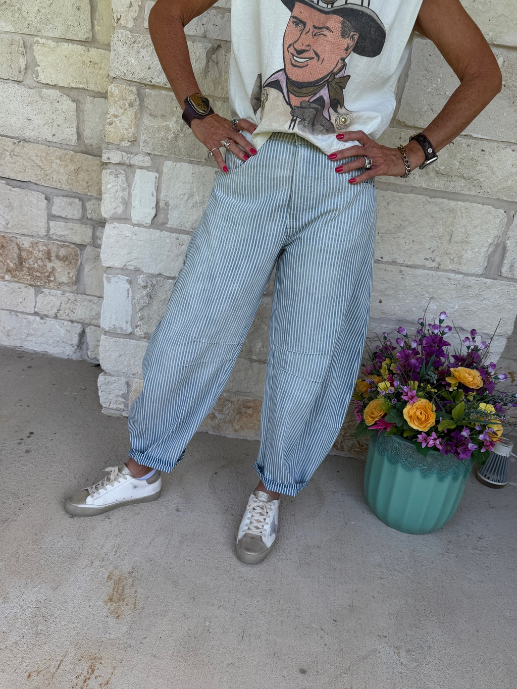 Mineral Washed Pinstriped Barrel Jeans