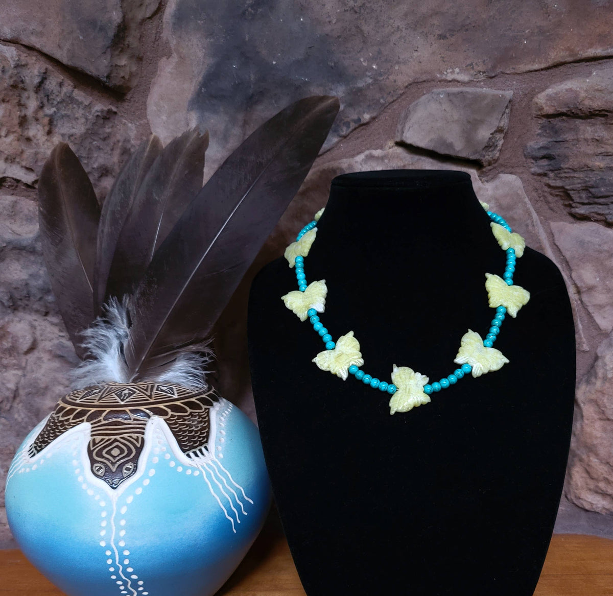 Lemon Jade butterfly, turquoise glass bead by Navajo artist