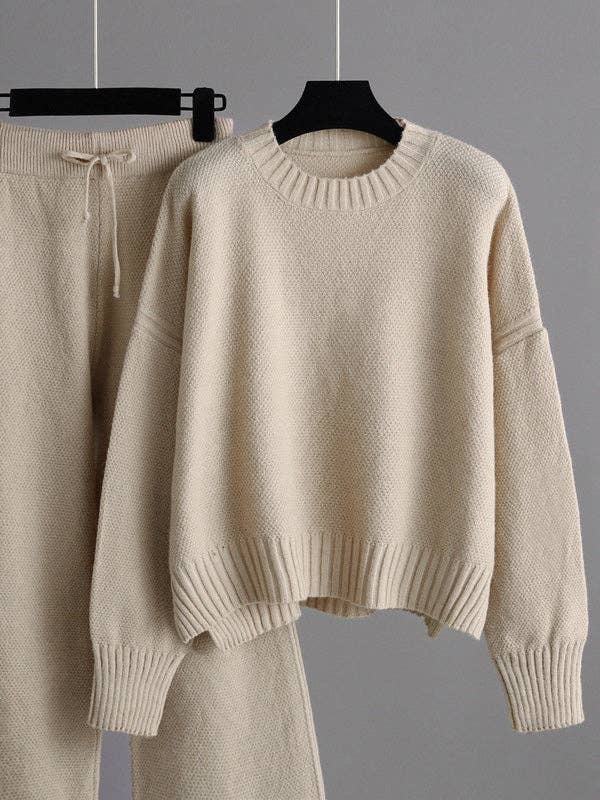 Stylish Loose High-Low Long Sleeve Sweater + Wide Leg Pants