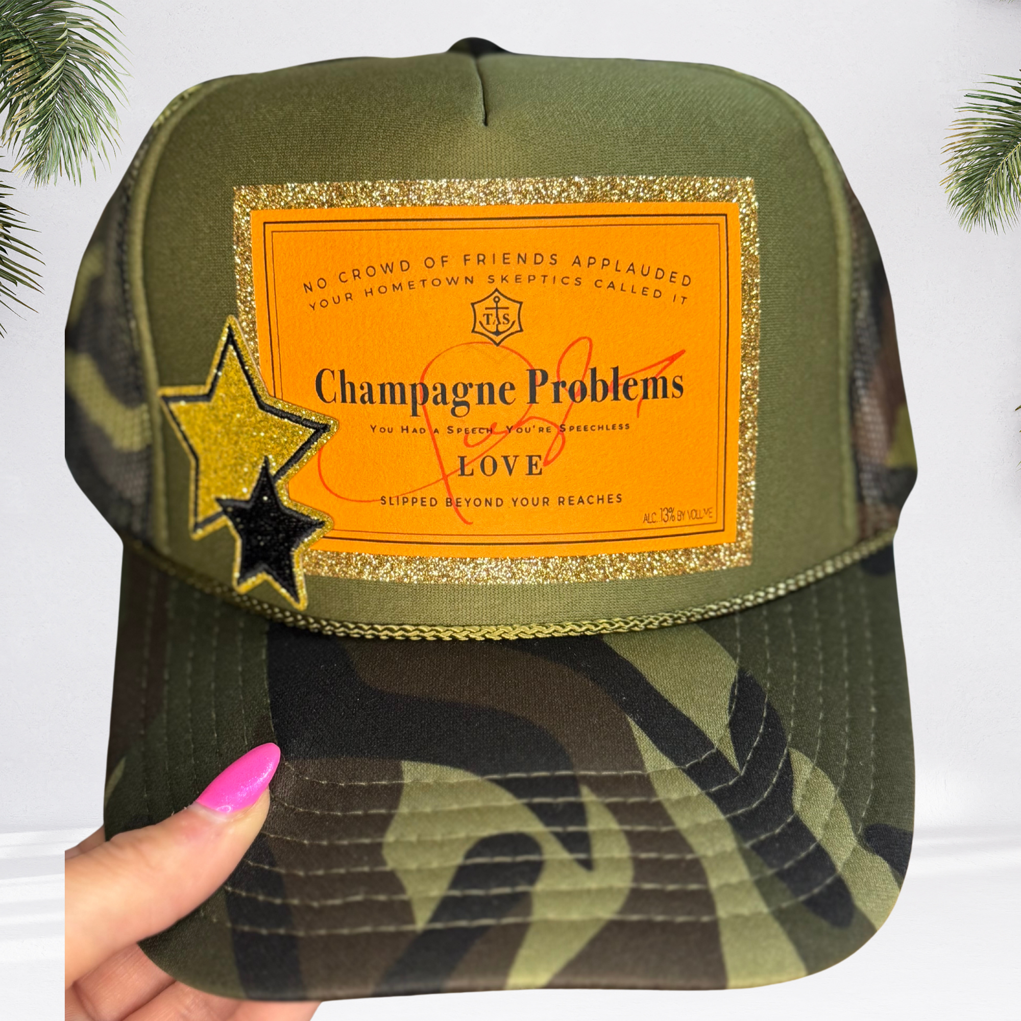 "Champagne Problems" Camo Glitter Trucker Hat 