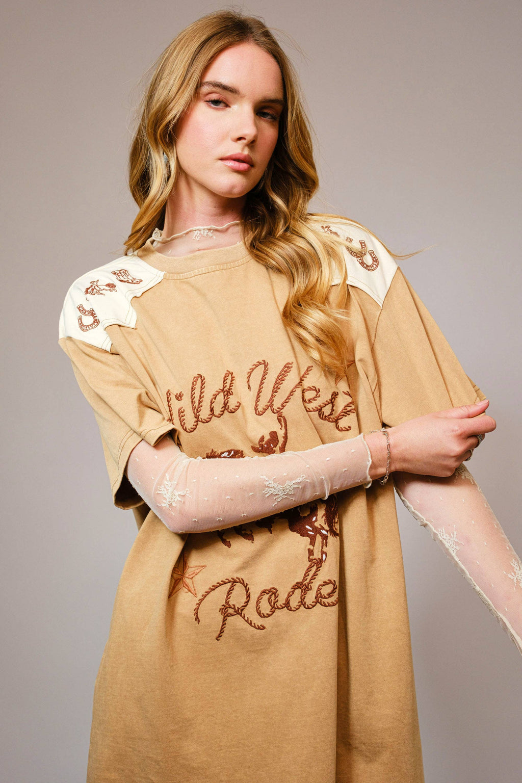 Garment Washed Embroidered Western Dress