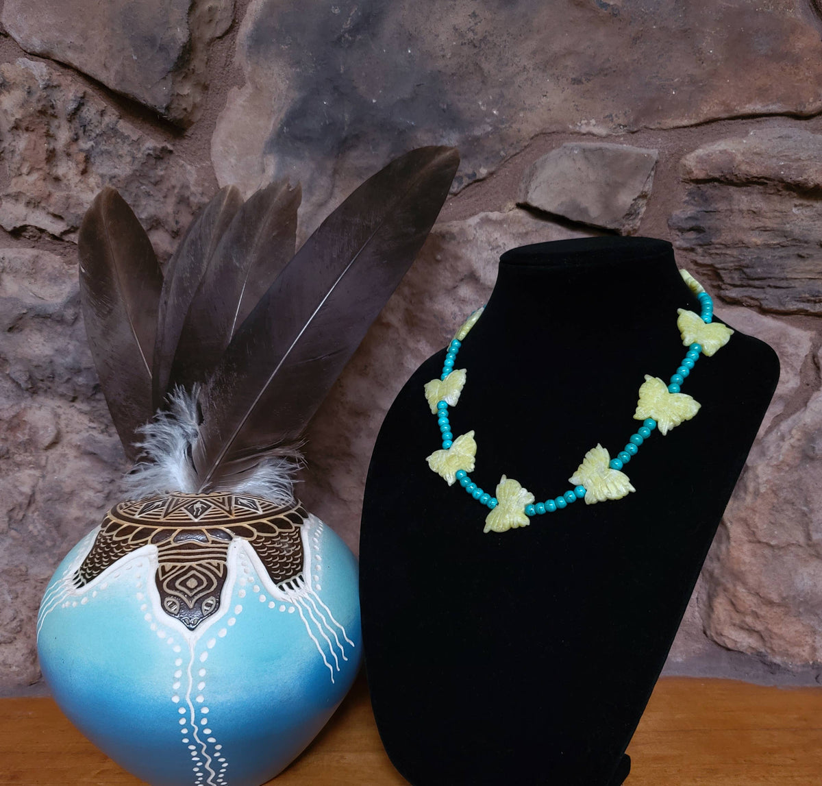 Lemon Jade butterfly, turquoise glass bead by Navajo artist