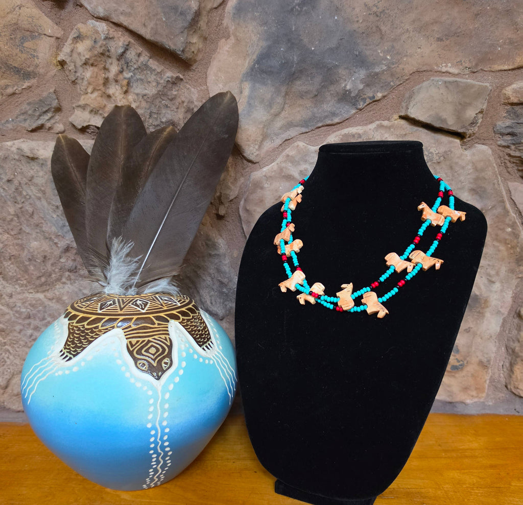 Zuni carved stone horse fetish necklace, Czech glass beads