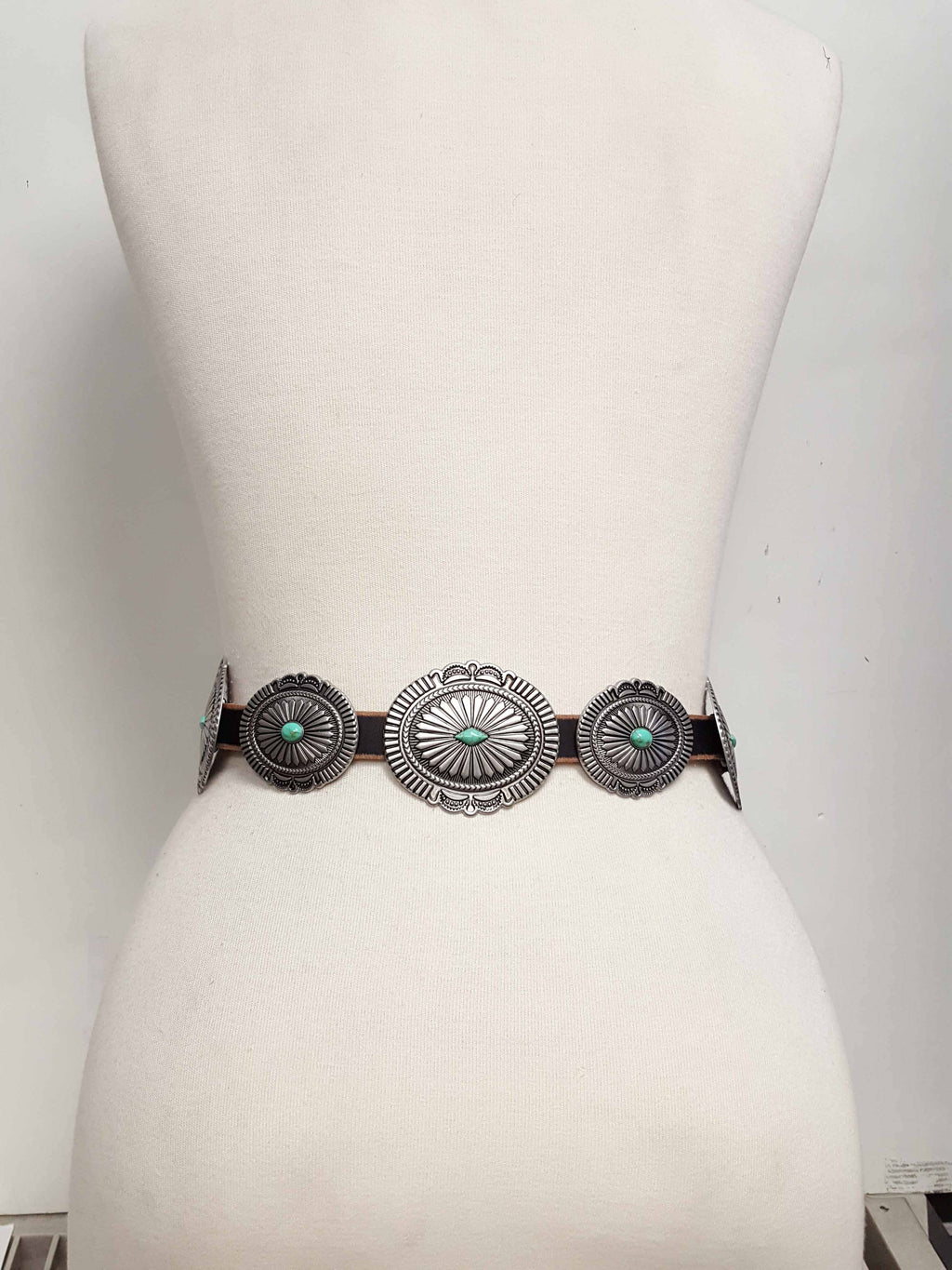 Genuine Distressed Leather belt w. full-packed oval conchos