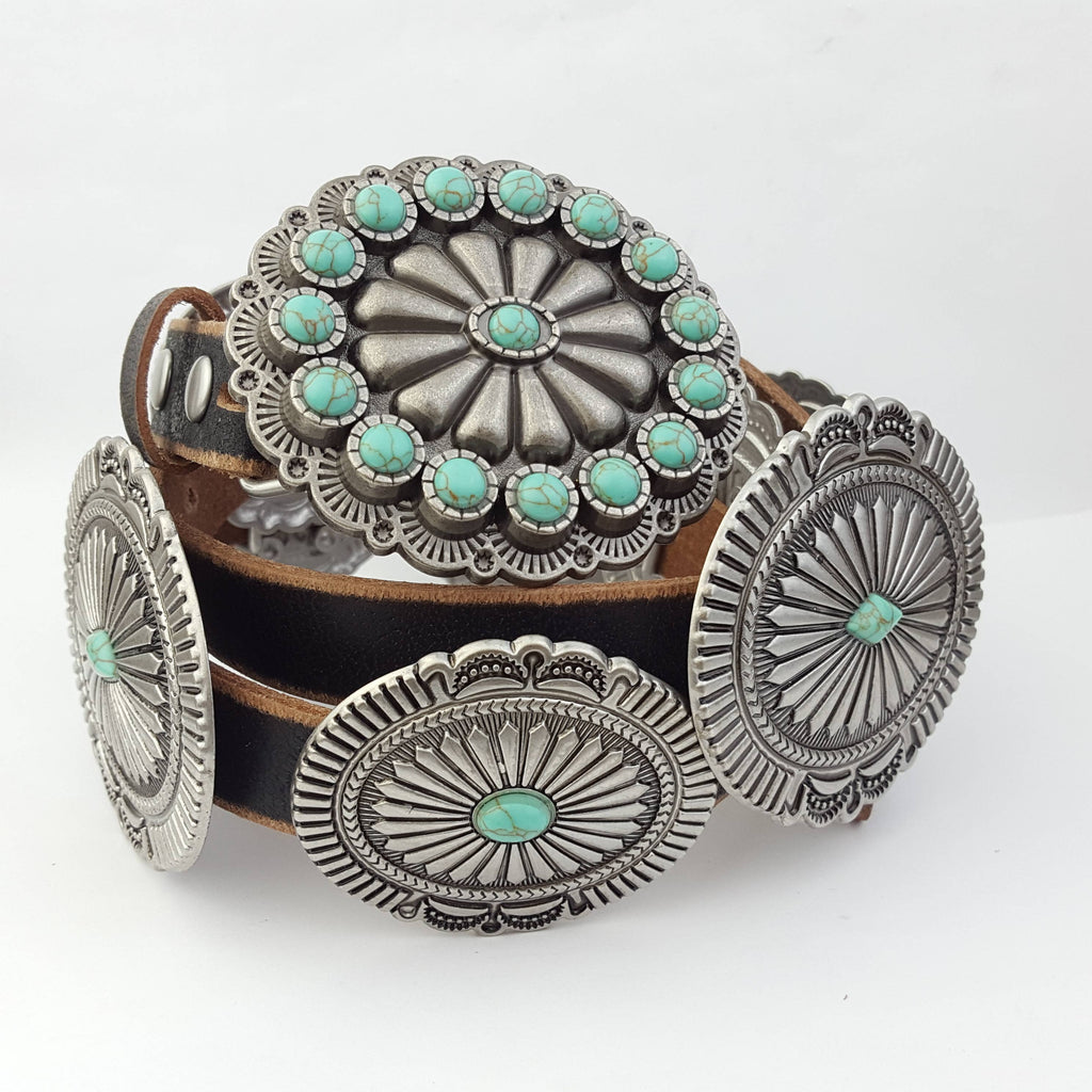 Genuine Distressed Leather belt w. full-packed oval conchos