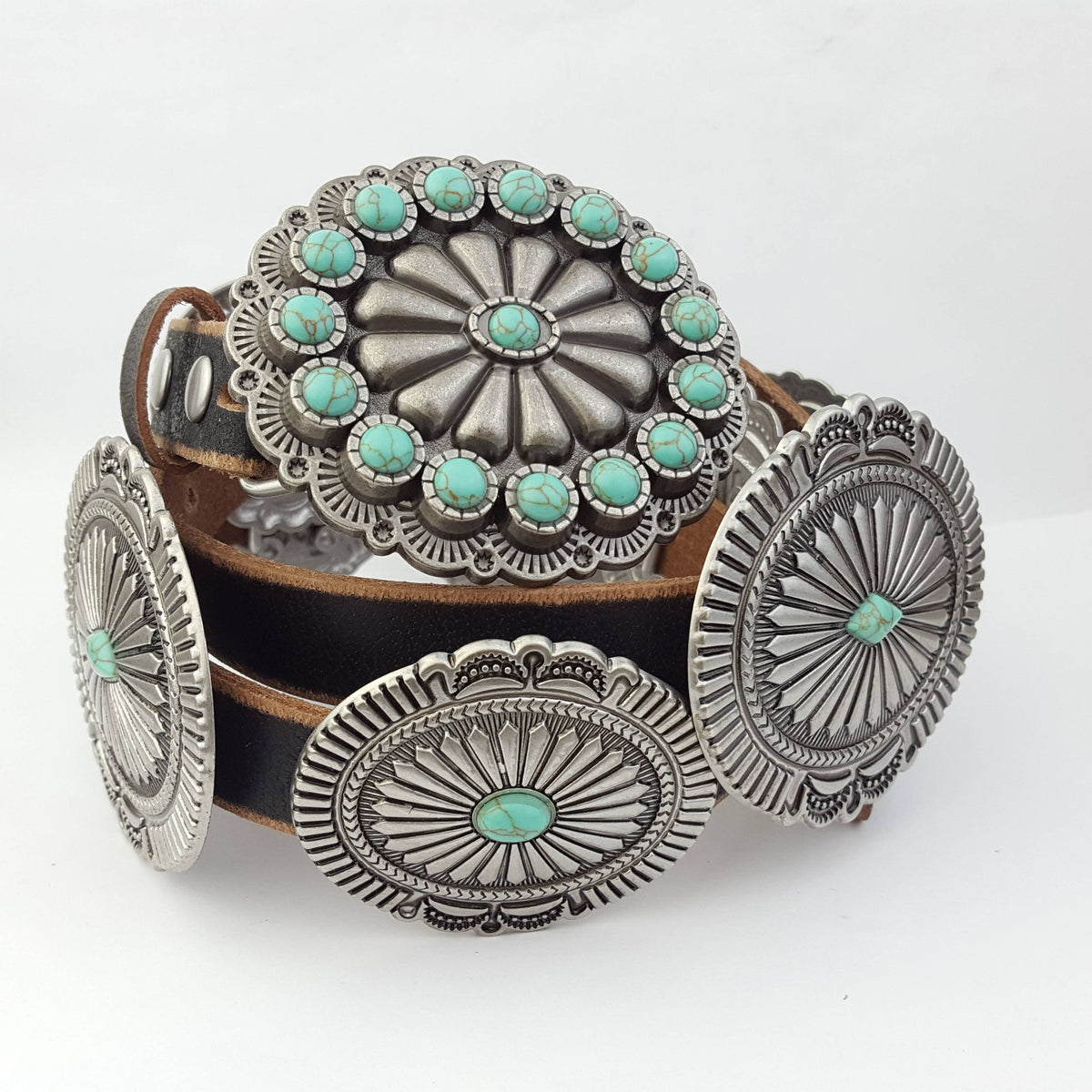 Genuine Distressed Leather belt w. full-packed oval conchos