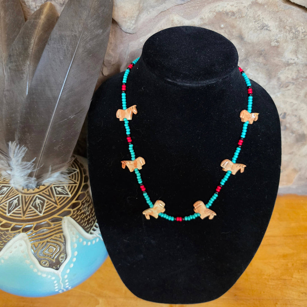 Zuni carved stone horse fetish necklace, Czech glass beads