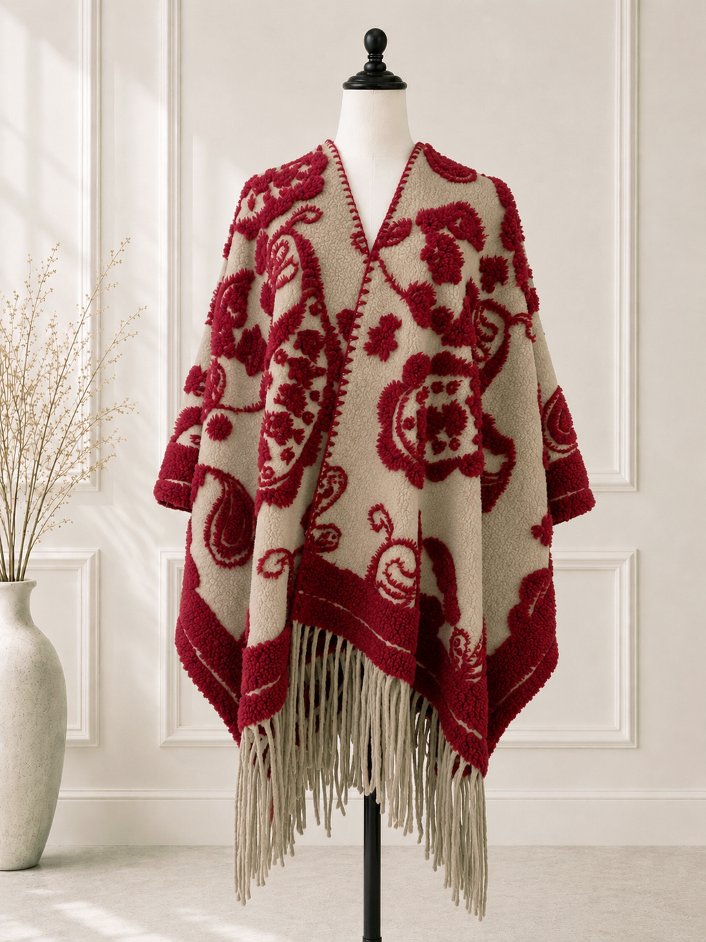Red Western Textured Paisley Fringe Ruana Cardigan