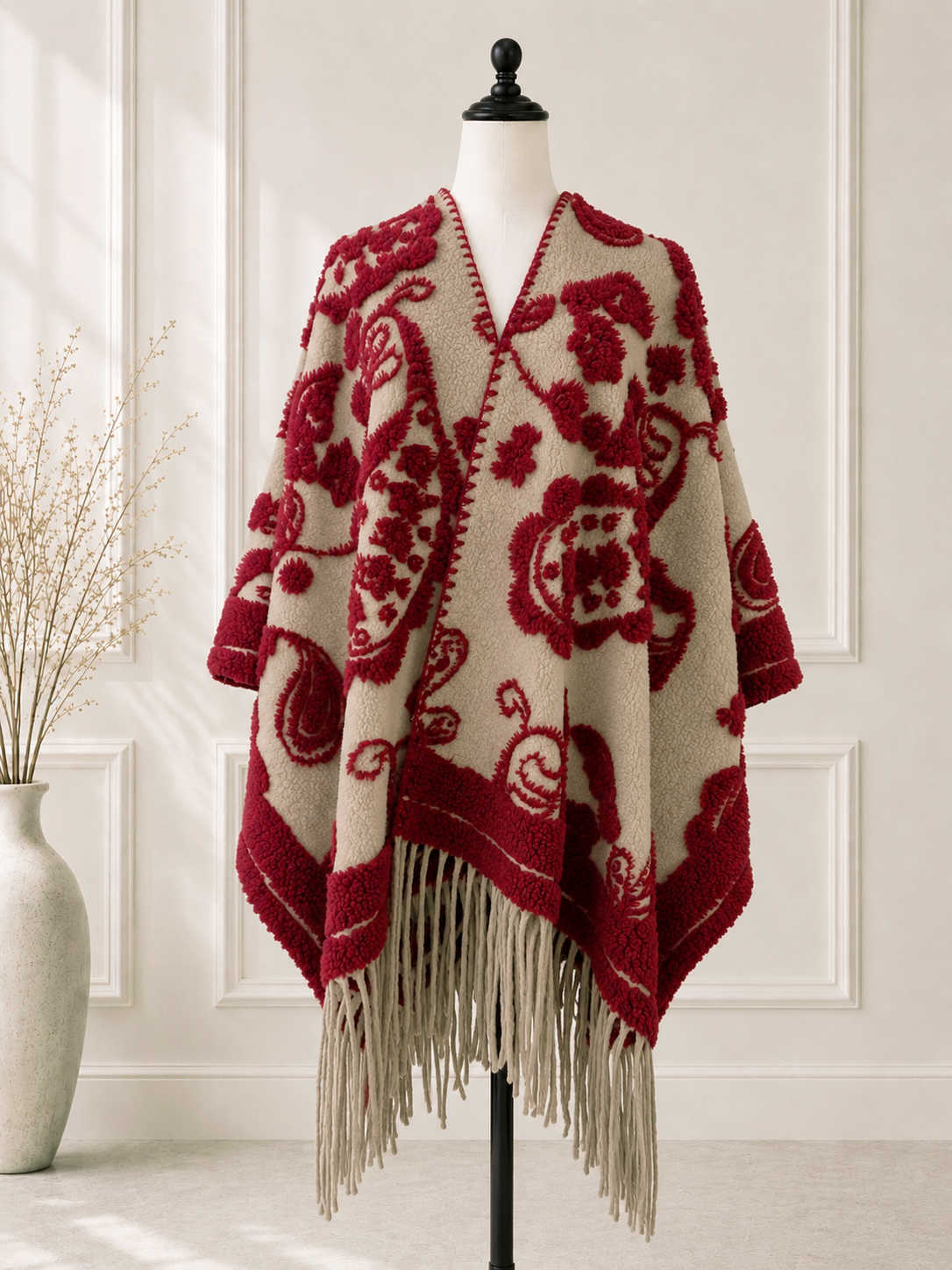 Red Western Textured Paisley Fringe Ruana Cardigan