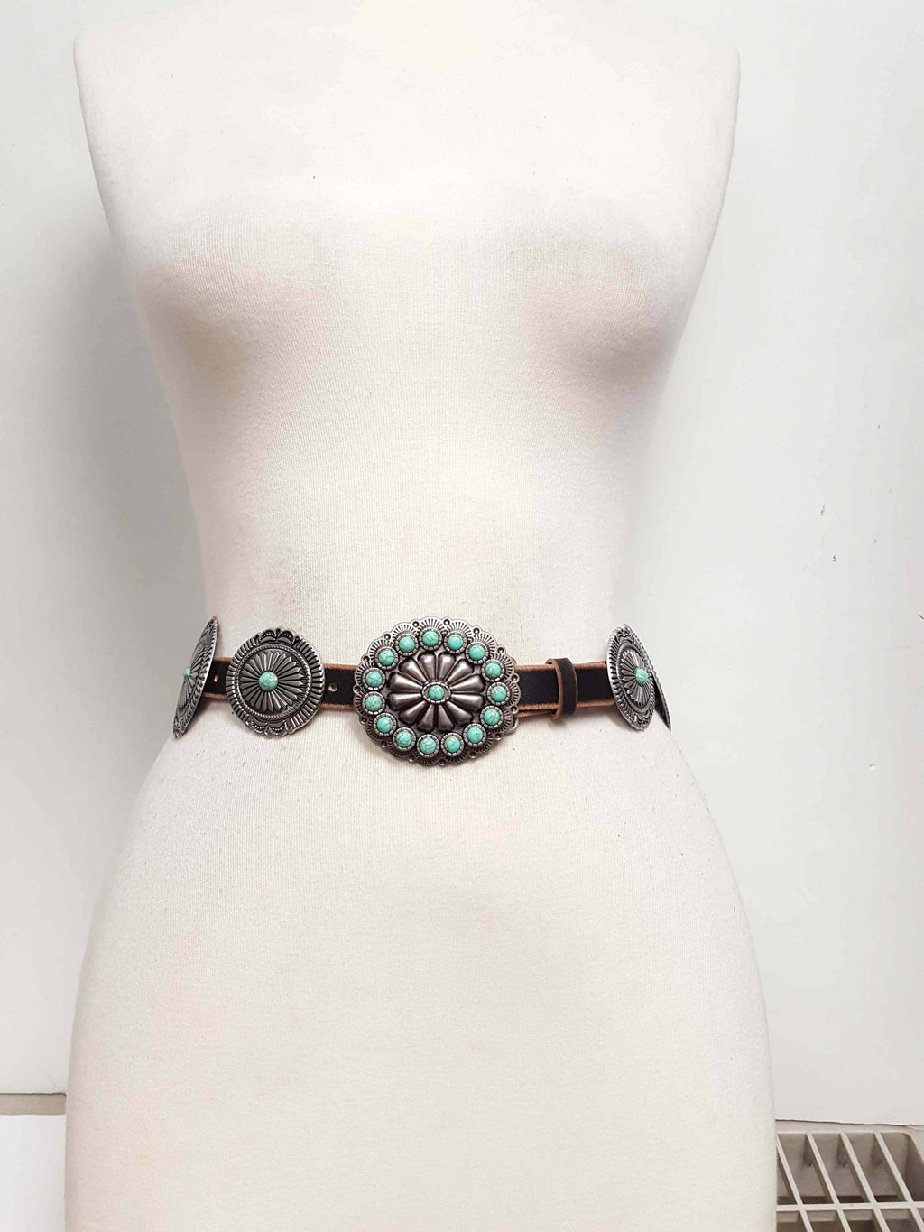 Genuine Distressed Leather belt w. full-packed oval conchos