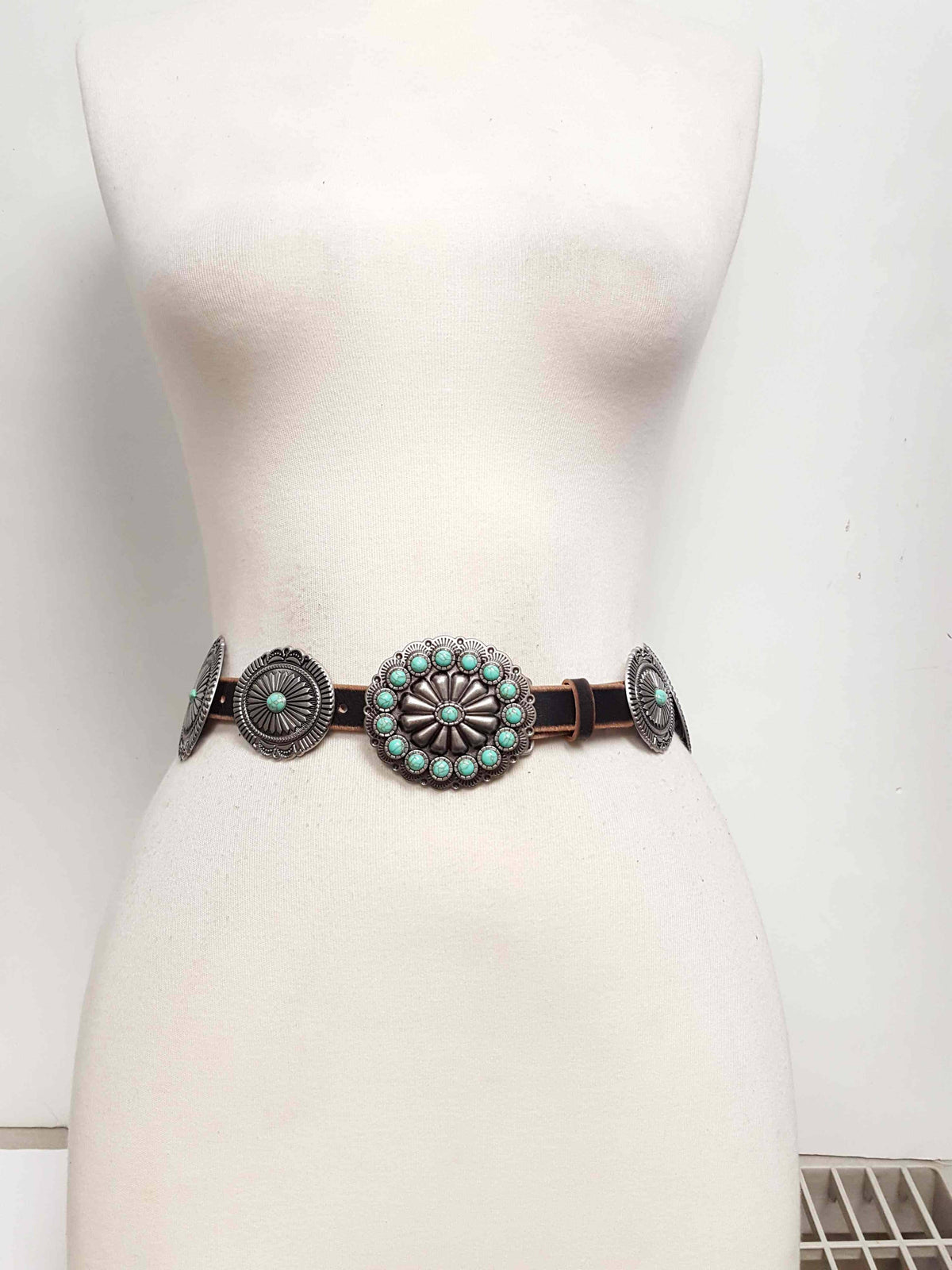 Genuine Distressed Leather belt w. full-packed oval conchos