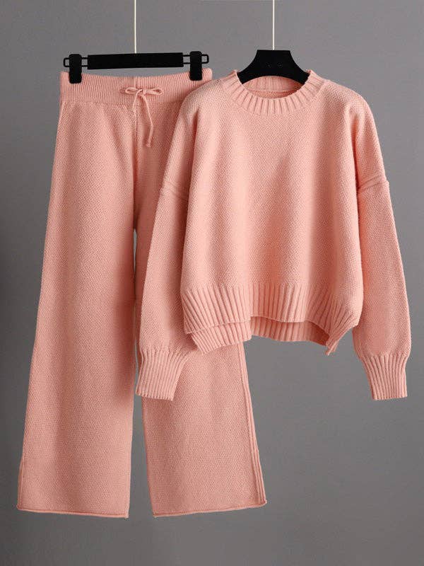 Stylish Loose High-Low Long Sleeve Sweater + Wide Leg Pants