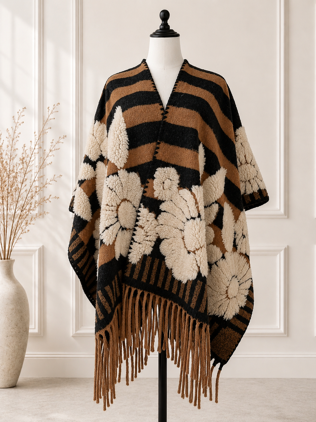 Brown Western Floral Stripe Fringe Ruana
