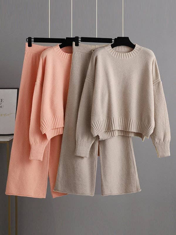 Stylish Loose High-Low Long Sleeve Sweater + Wide Leg Pants