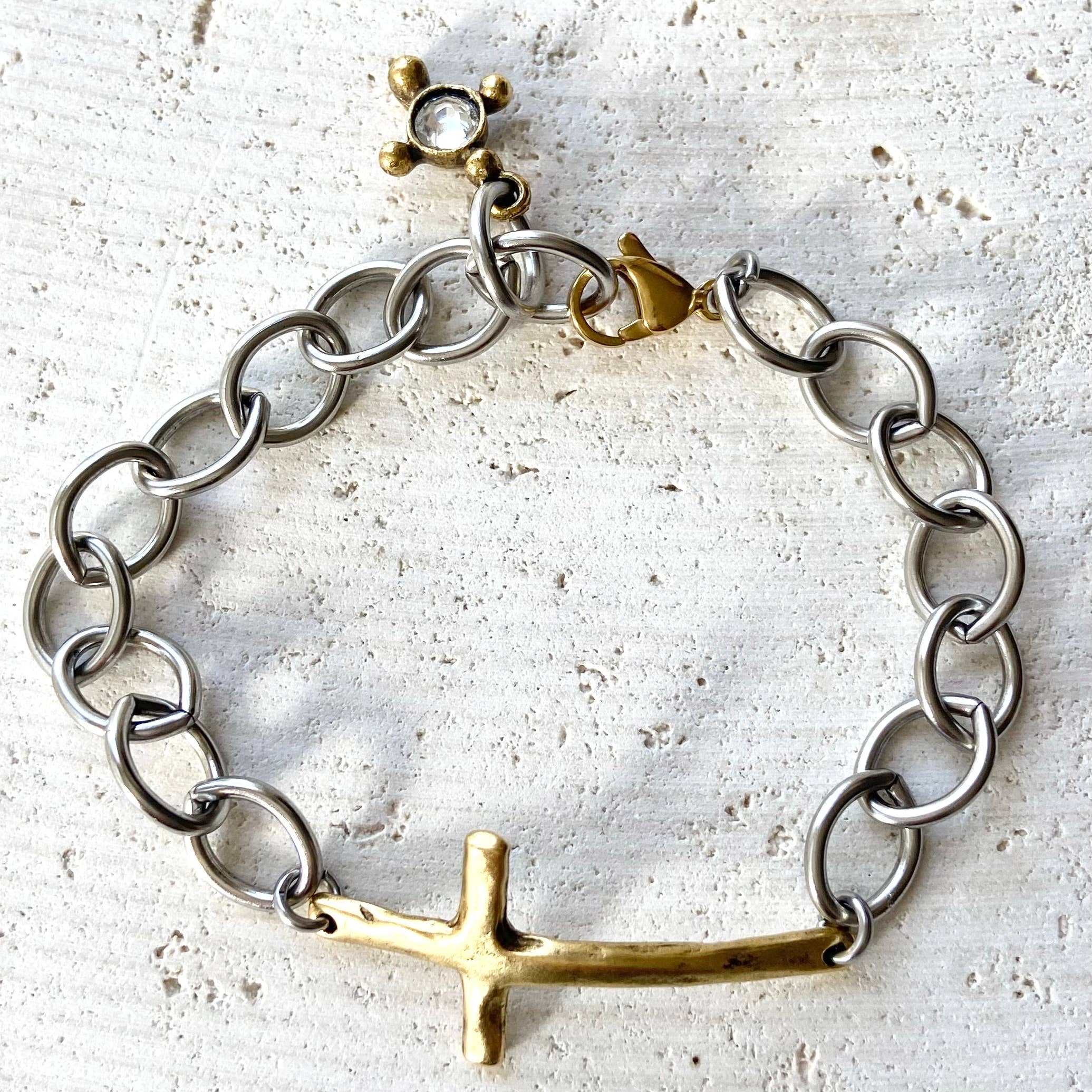 Mixed metal chunky cross chain bracelet 