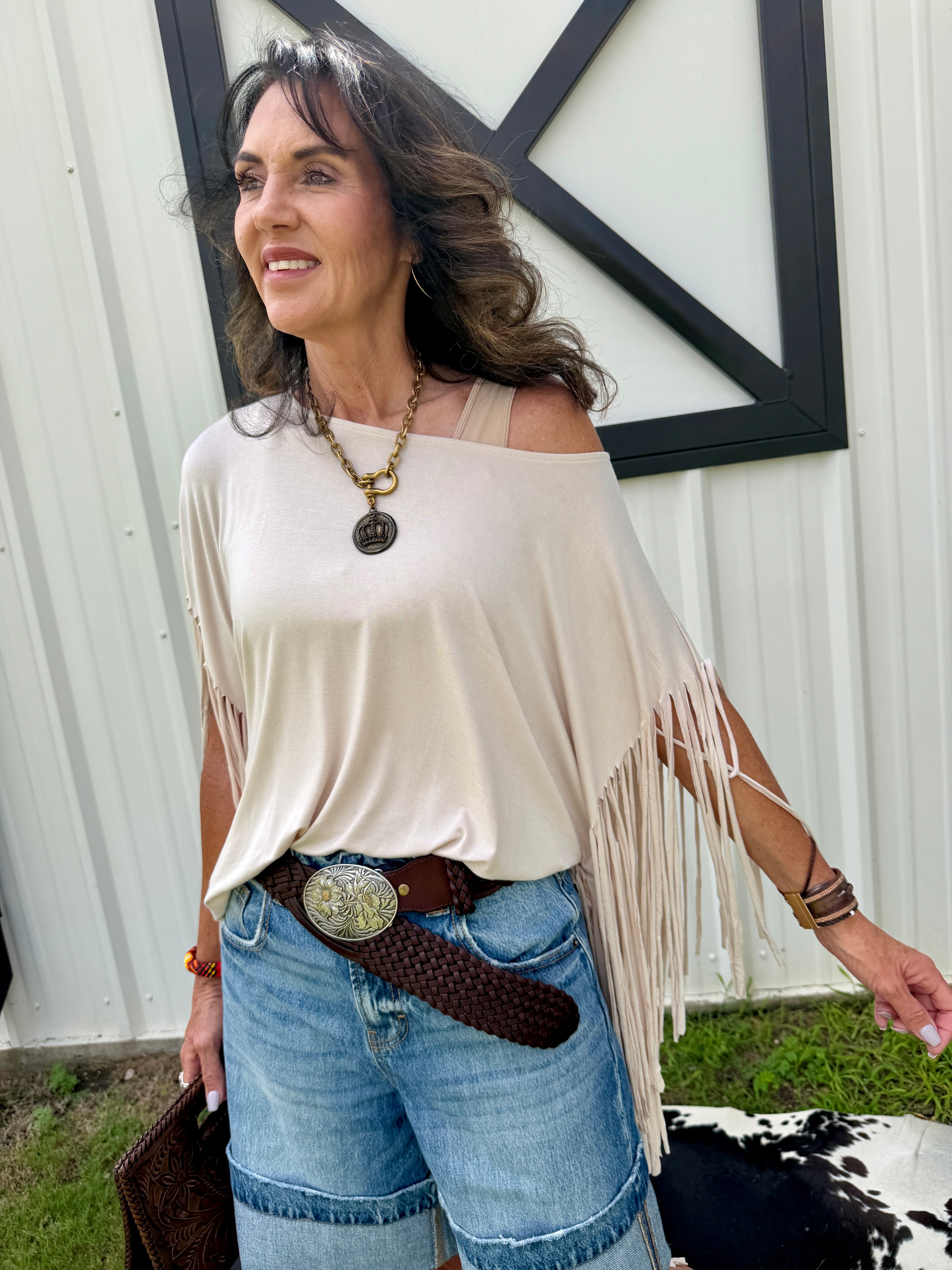 Western Showstopper Fringe Top - Oat