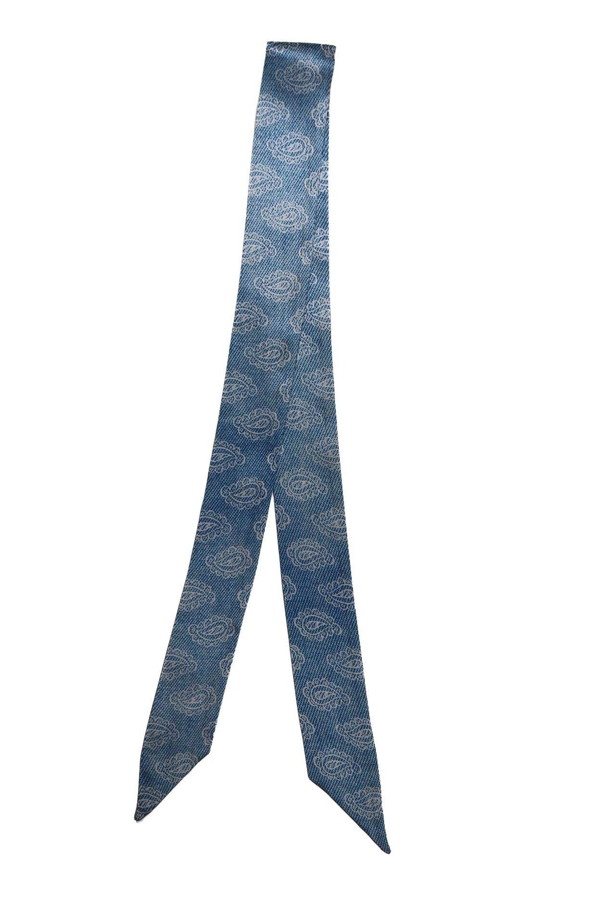 Denim Silk Twilly Scarf w/ White Paisley Pattern