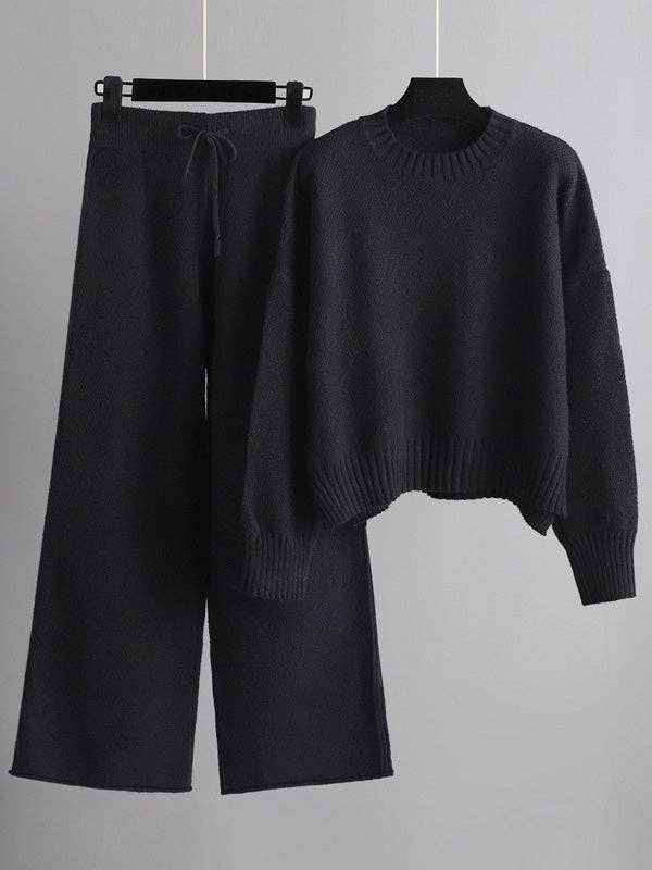 Stylish Loose High-Low Long Sleeve Sweater + Wide Leg Pants