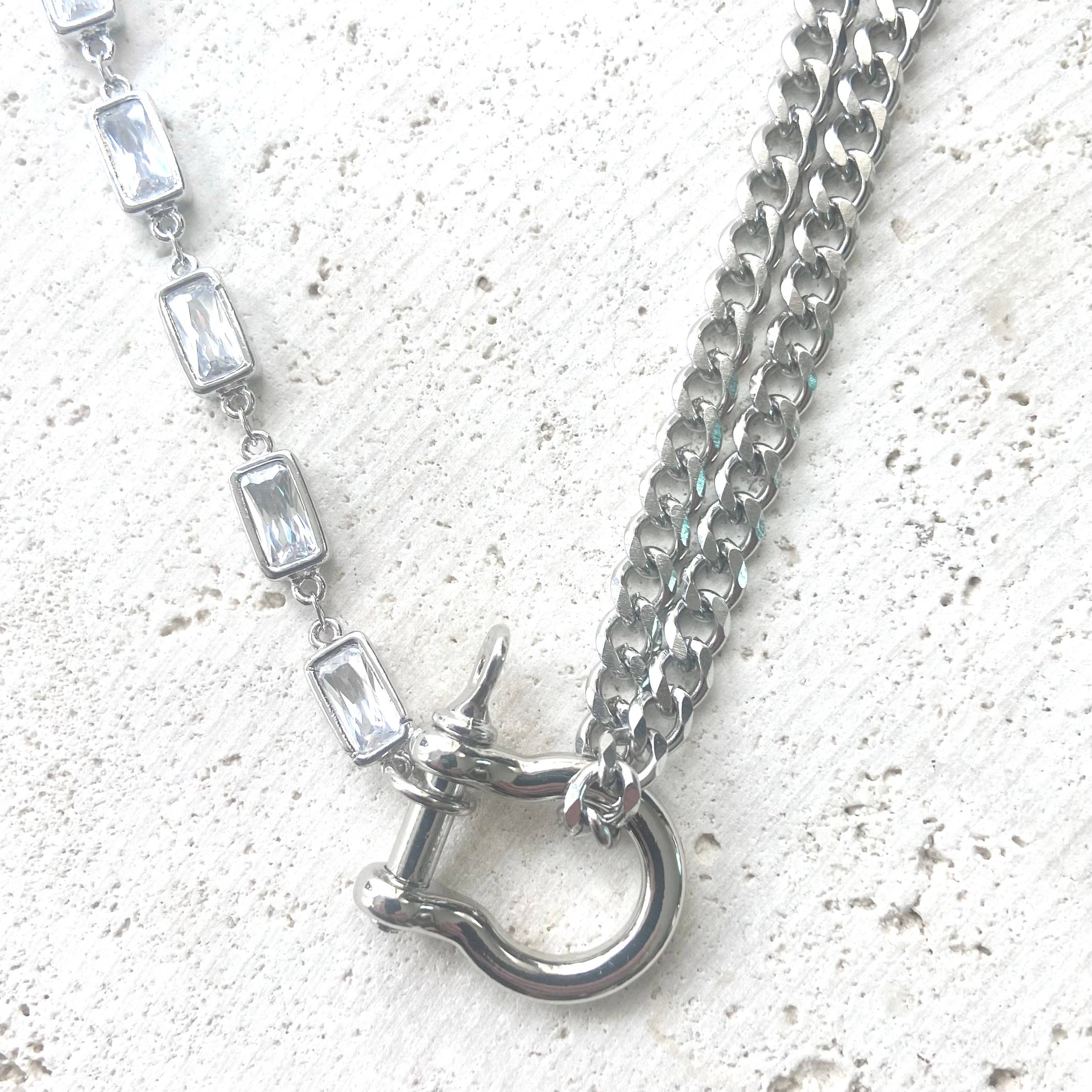 Edgy glam carabiner shackle necklace silver stainless steel