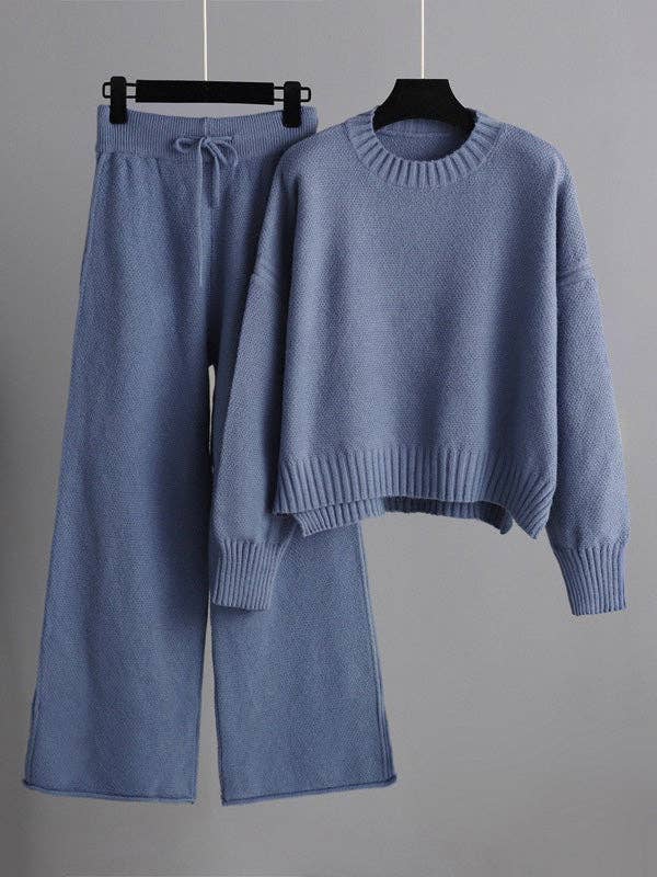 Stylish Loose High-Low Long Sleeve Sweater + Wide Leg Pants
