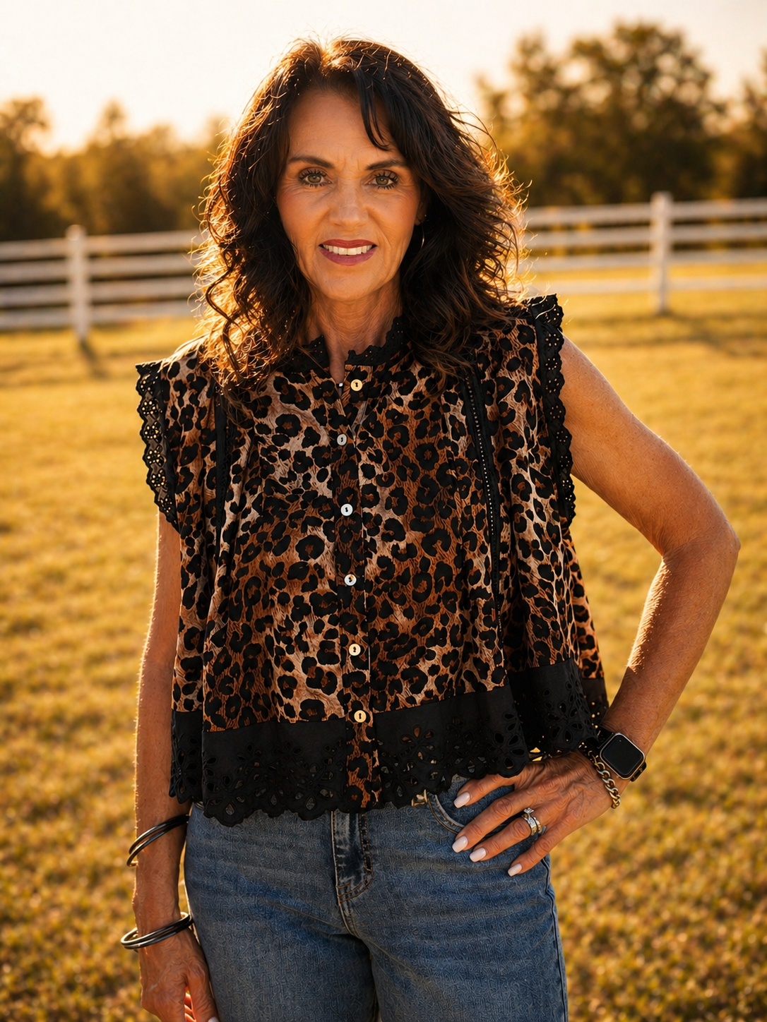 Leopard Button Up Pleated Sleeveless Blouse Top