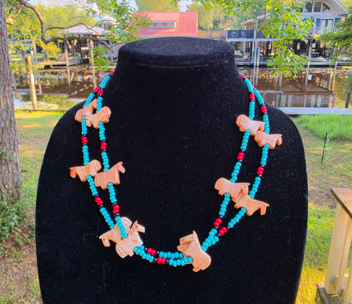 Zuni carved stone horse fetish necklace, Czech glass beads