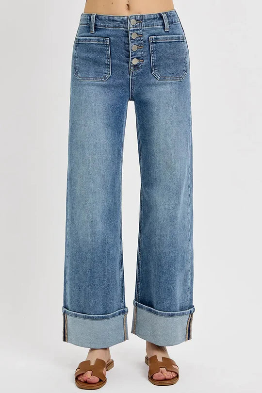 RISEN High Rise Ankle Wide Button Patch Pocket Cuffed Jeans