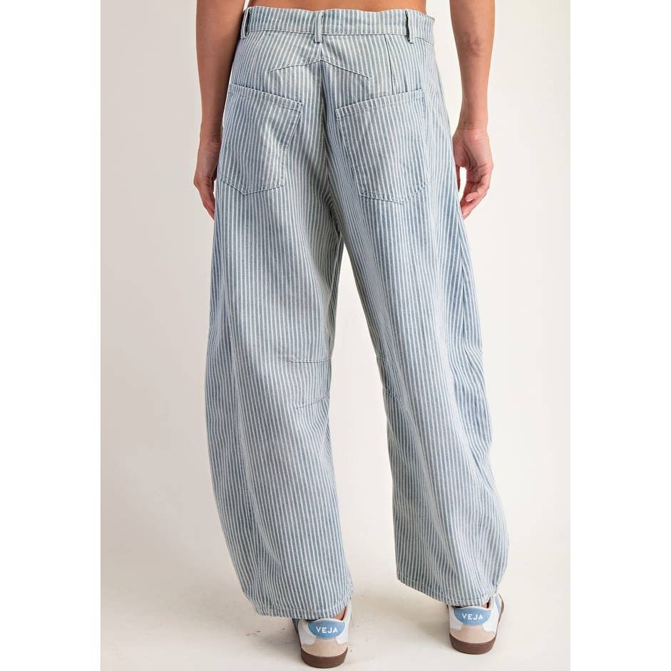 Mineral Washed Pinstriped Barrel Jeans