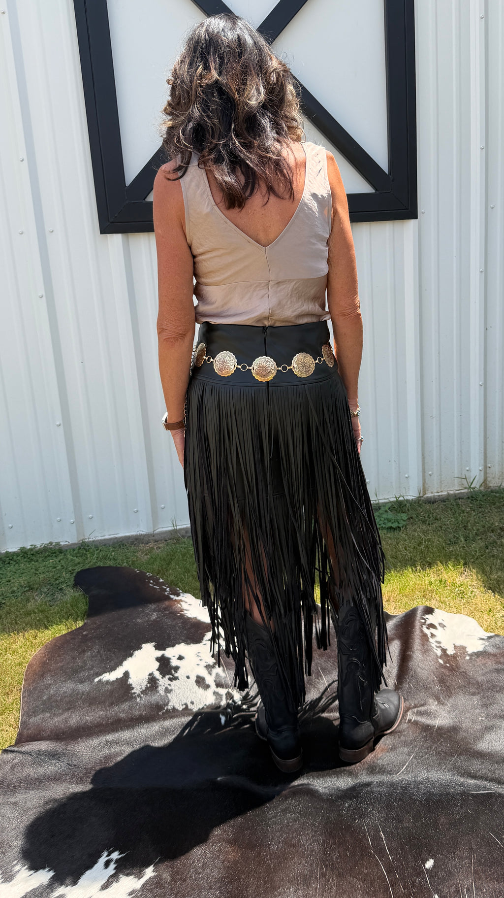 Faux Leather Tiered Fringe Maxi Skirt