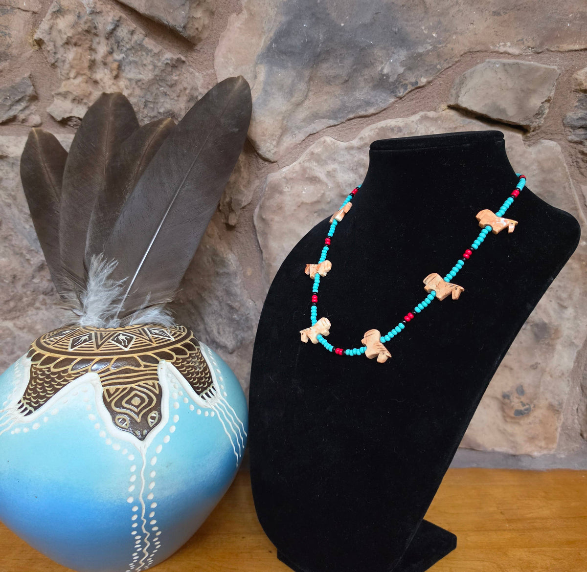 Zuni carved stone horse fetish necklace, Czech glass beads