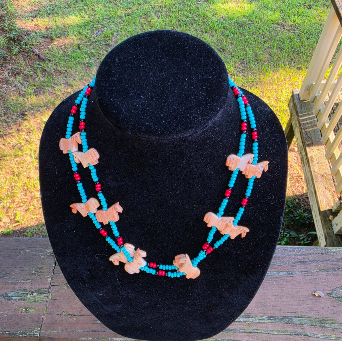 Zuni carved stone horse fetish necklace, Czech glass beads