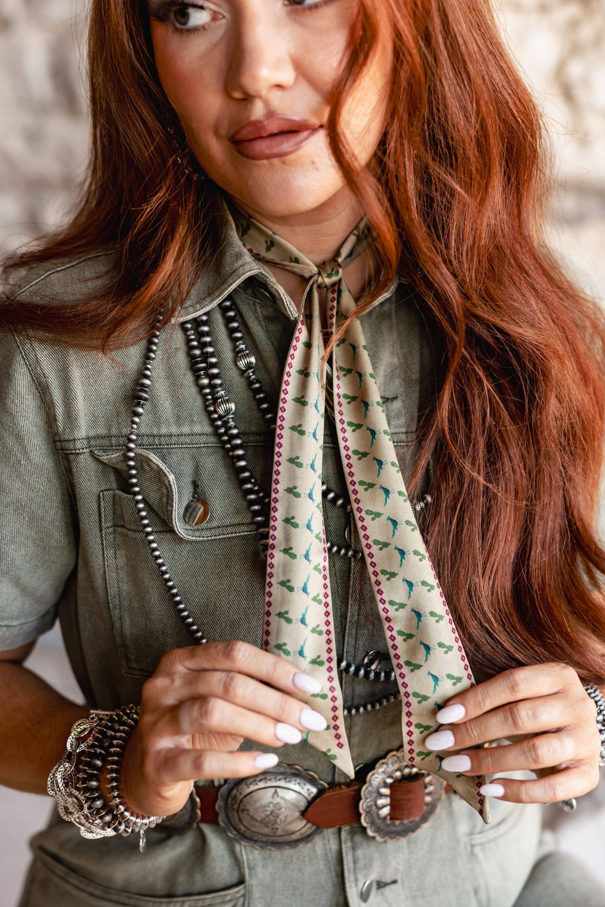 Tan Silk Twilly Scarf with Turquoise Roadrunner