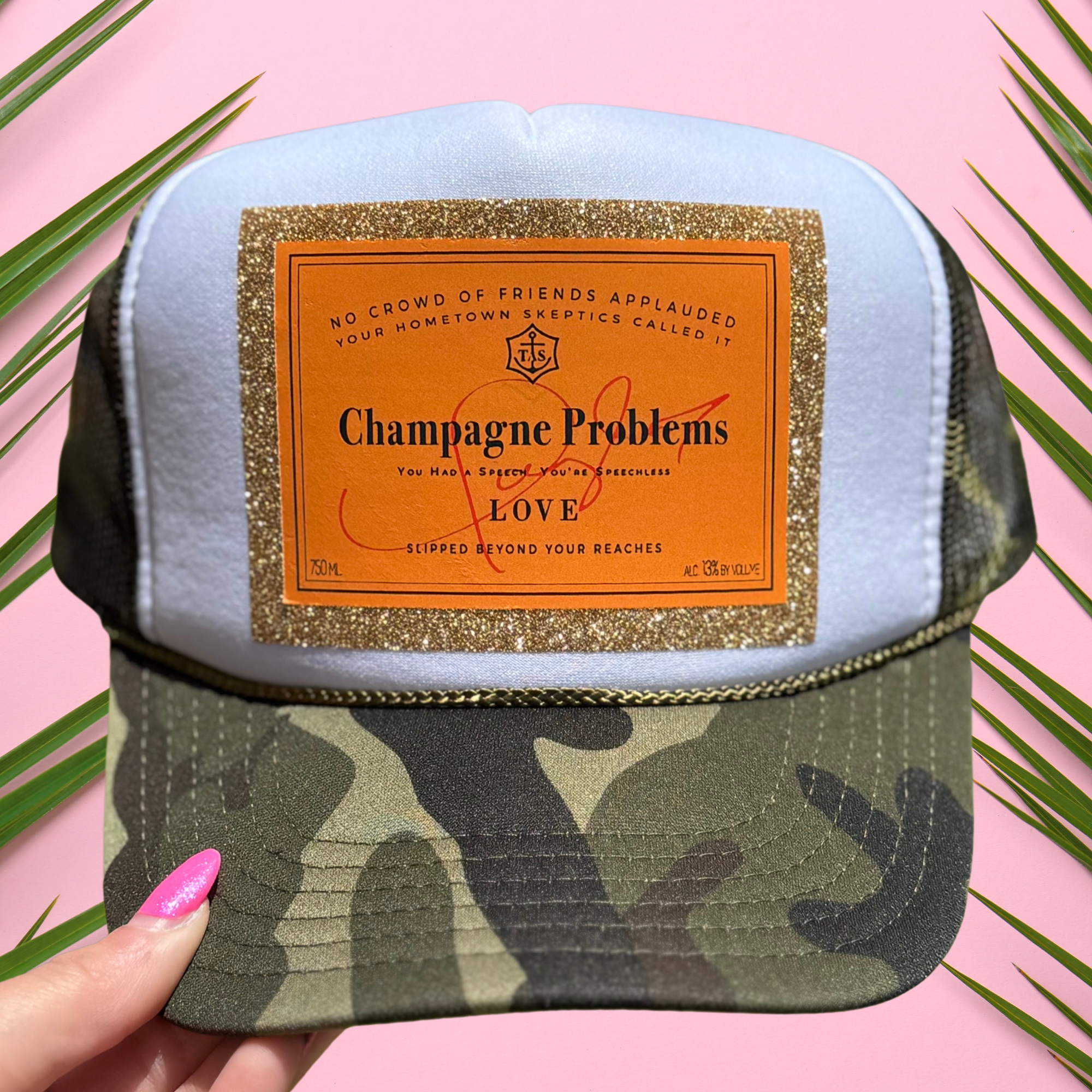 "Champagne Problems" Camo Glitter Trucker Hat 