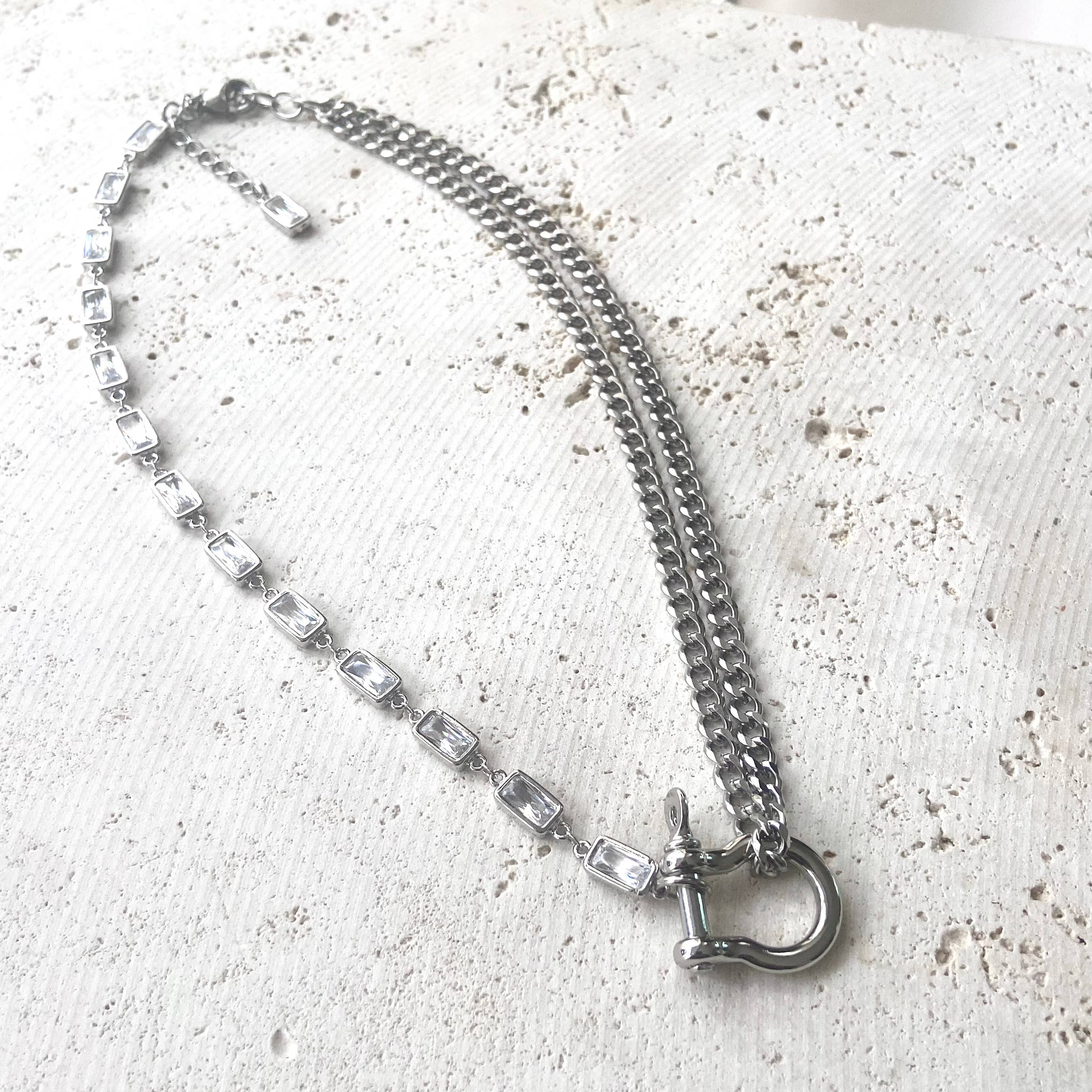 Edgy glam carabiner shackle necklace silver stainless steel